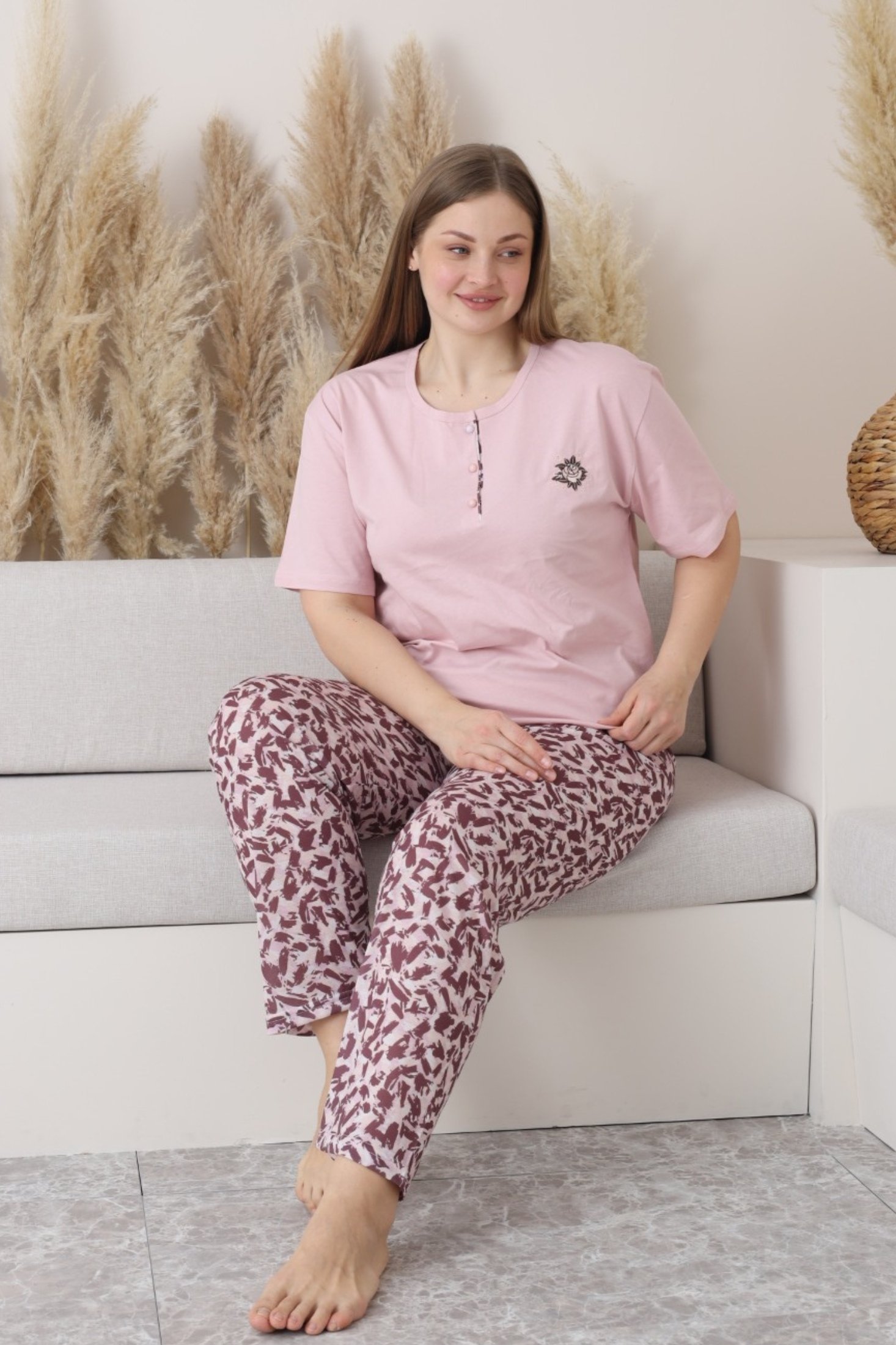 X-Dreamy Büyük Beden Pamuklu Düğmeli Yaka Kısa Kollu Penye Pijama Takımı - Bej