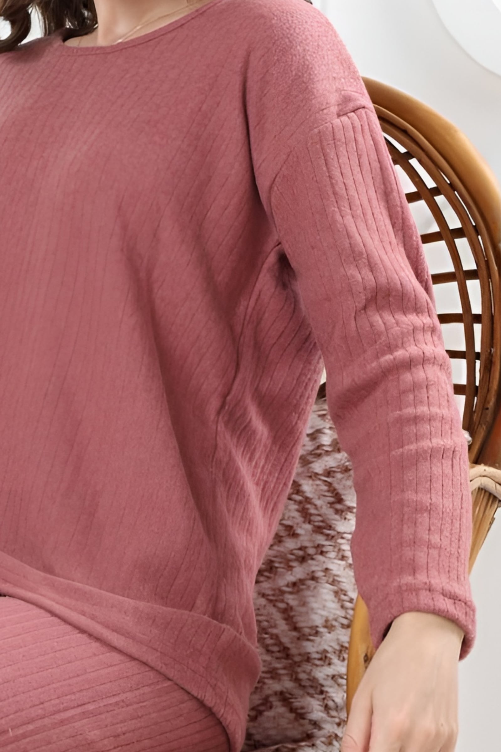 Pamuklu Kalın Kışlık İnterlok Şeritli Uzun Kollu Örme Pijama Takımı - Gül Kurusu