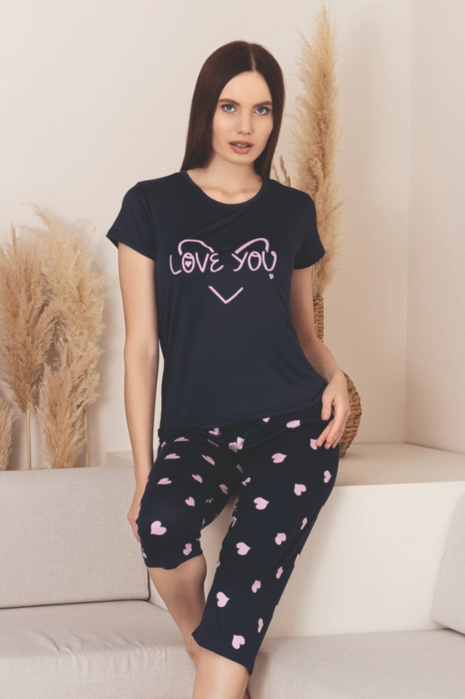 Dreamy Milan Bambu Likralı Desenli Kısa Kollu Kapri Pijama Takımı - Lacivert