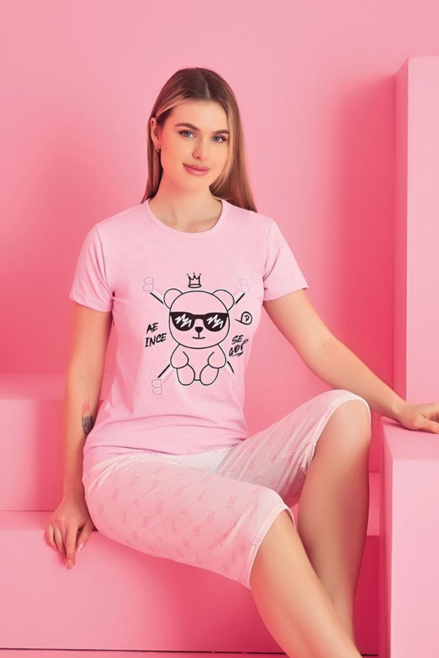 Dreamy Pamuklu Desenli Kısa Kollu Bermuda Kapri Takım - Pembe