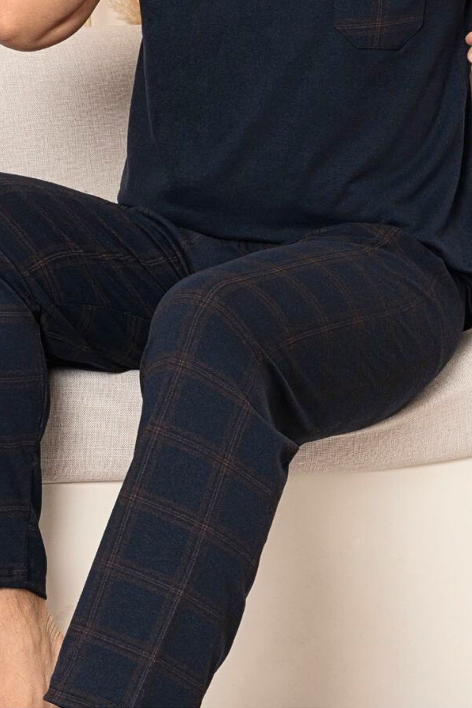 Pamuklu Cep Detaylı Desenli Kısa Kollu Örme Erkek Pijama Takımı - Lacivert