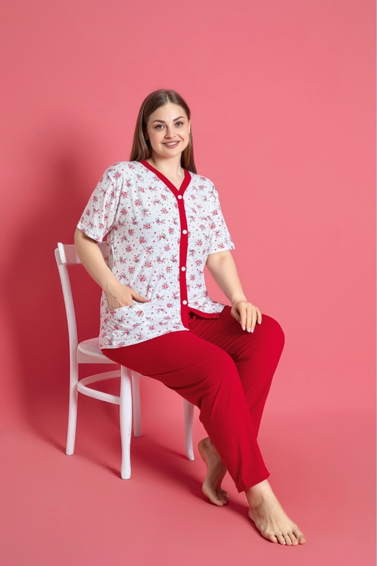 X-Dreamy Büyük Beden Pamuklu Cepli Önden Düğmeli Kısa Kollu Pijama Takımı - Kırmızı