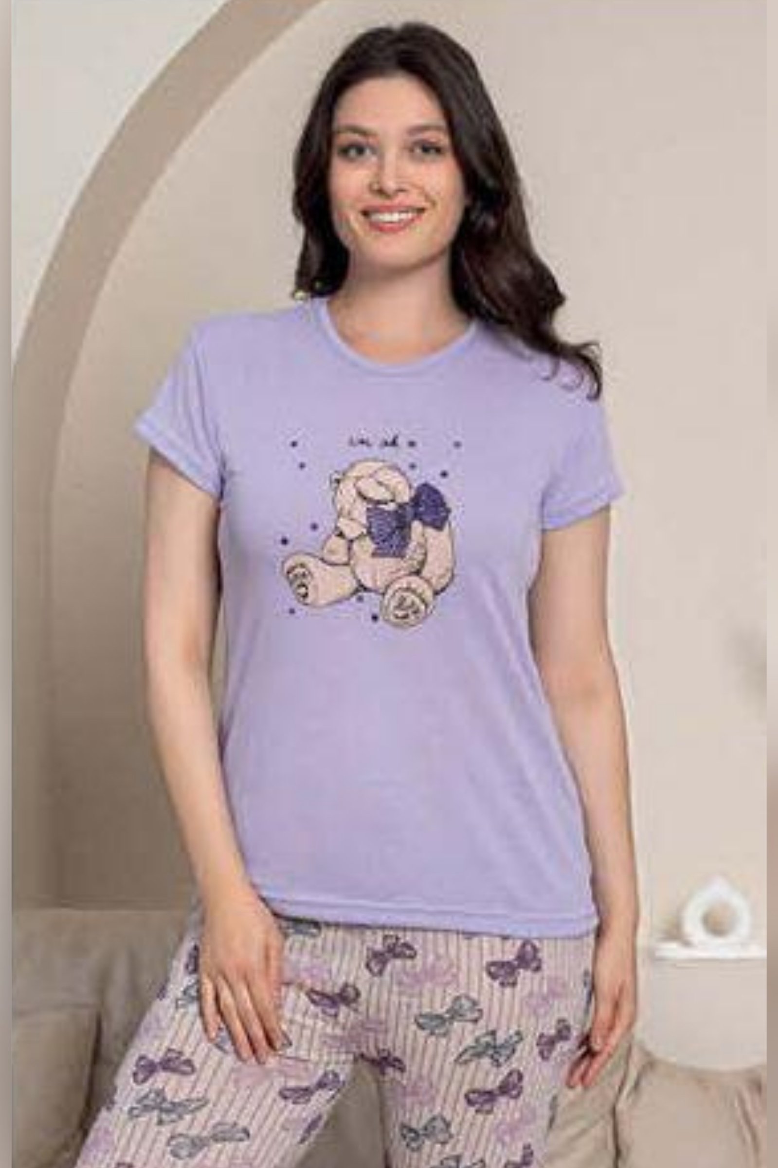 Ecodream Kısa Kollu Desenli Ekonomik Kadın Pijama Takımı - Lila