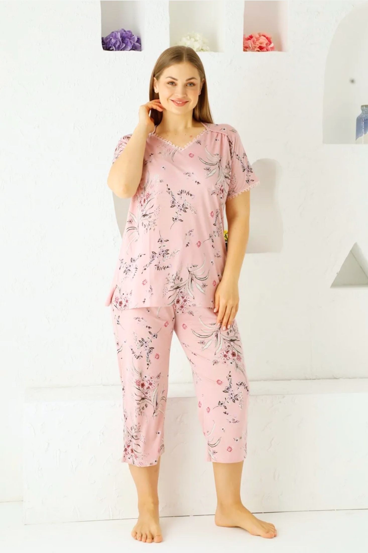X-Dreamy Büyük Beden Likralı Dantelli Çiçekli Bermuda Kapri Takım - Pembe