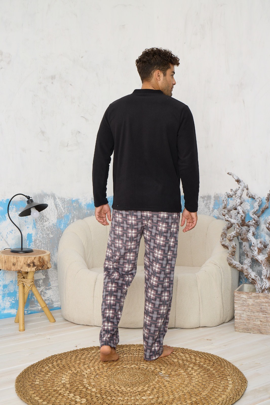 Luxury Soft Polar Ekose Kareli Düğmeli Yaka Erkek Pijama Takımı