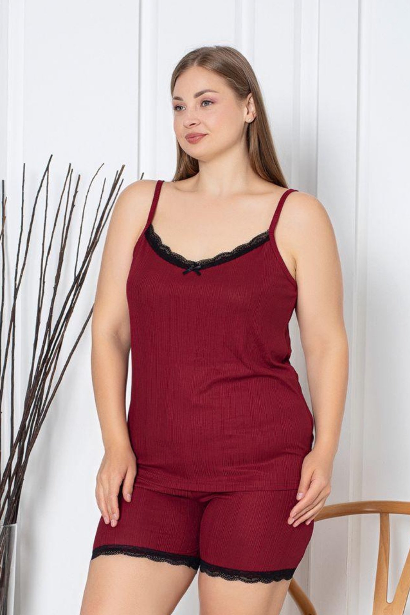 X-Dreamy Büyük Beden Dantel Detaylı İp Askılı Şortlu Pegasus Pijama Takımı - Bordo