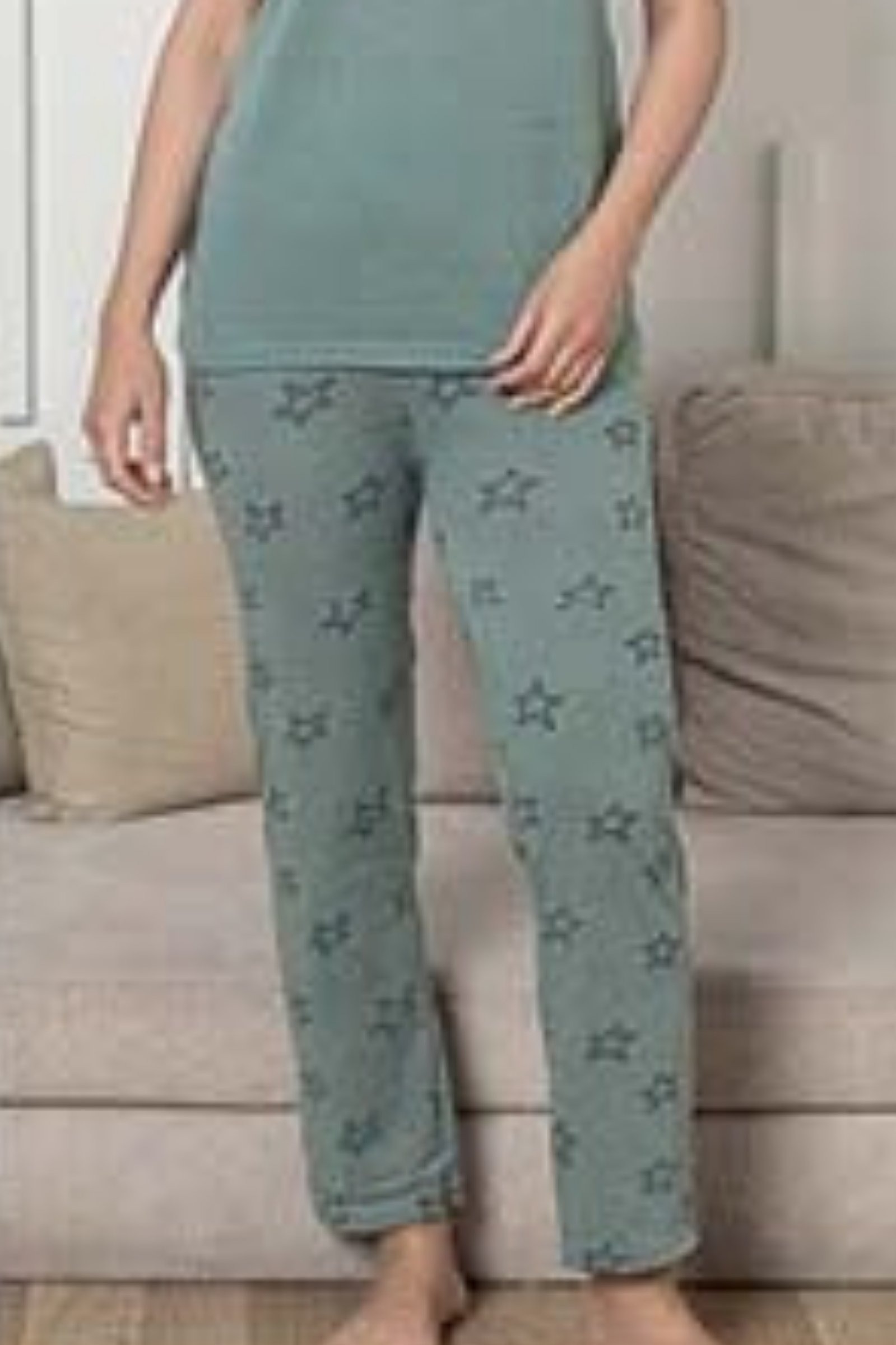 Ecodream Kısa Kollu Desenli Ekonomik Kadın Pijama Takımı - Yeşil