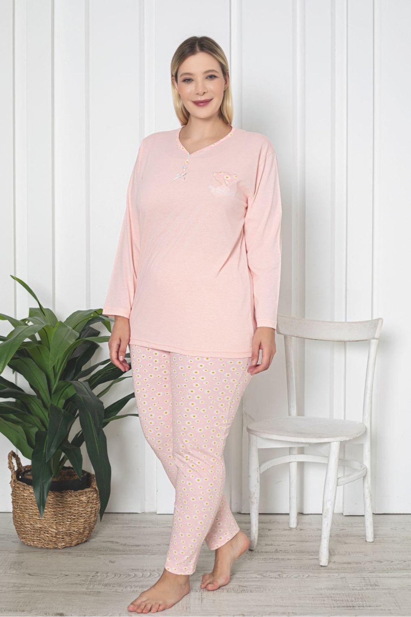 X-Dreamy Büyük Beden Pamuklu Desenli Uzun Kollu Pijama Takımı - Somon