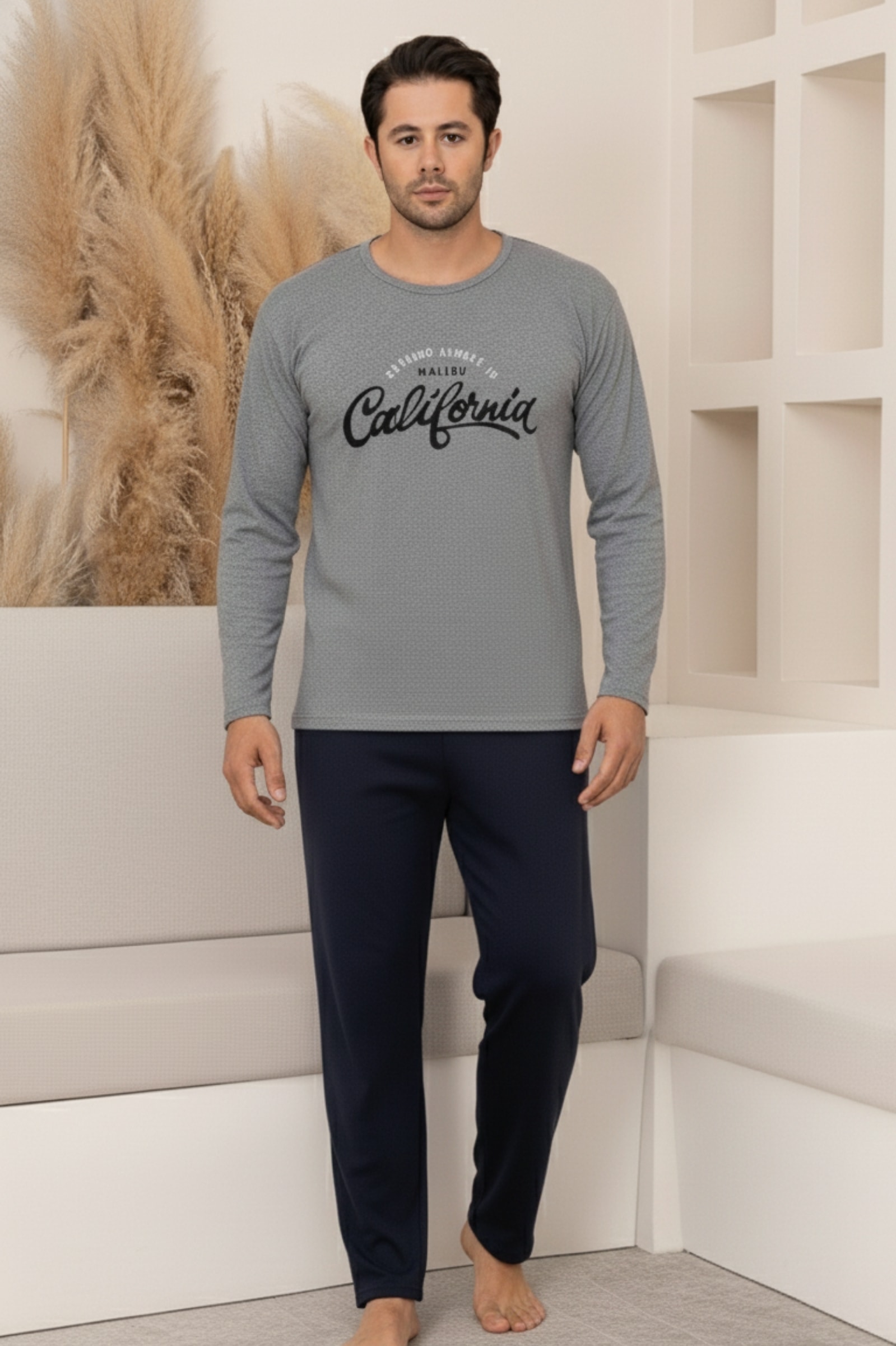 Pamuklu Kalın Kışlık 2 iplik Şardonlu Örme Erkek Pijama Takımı - Gri