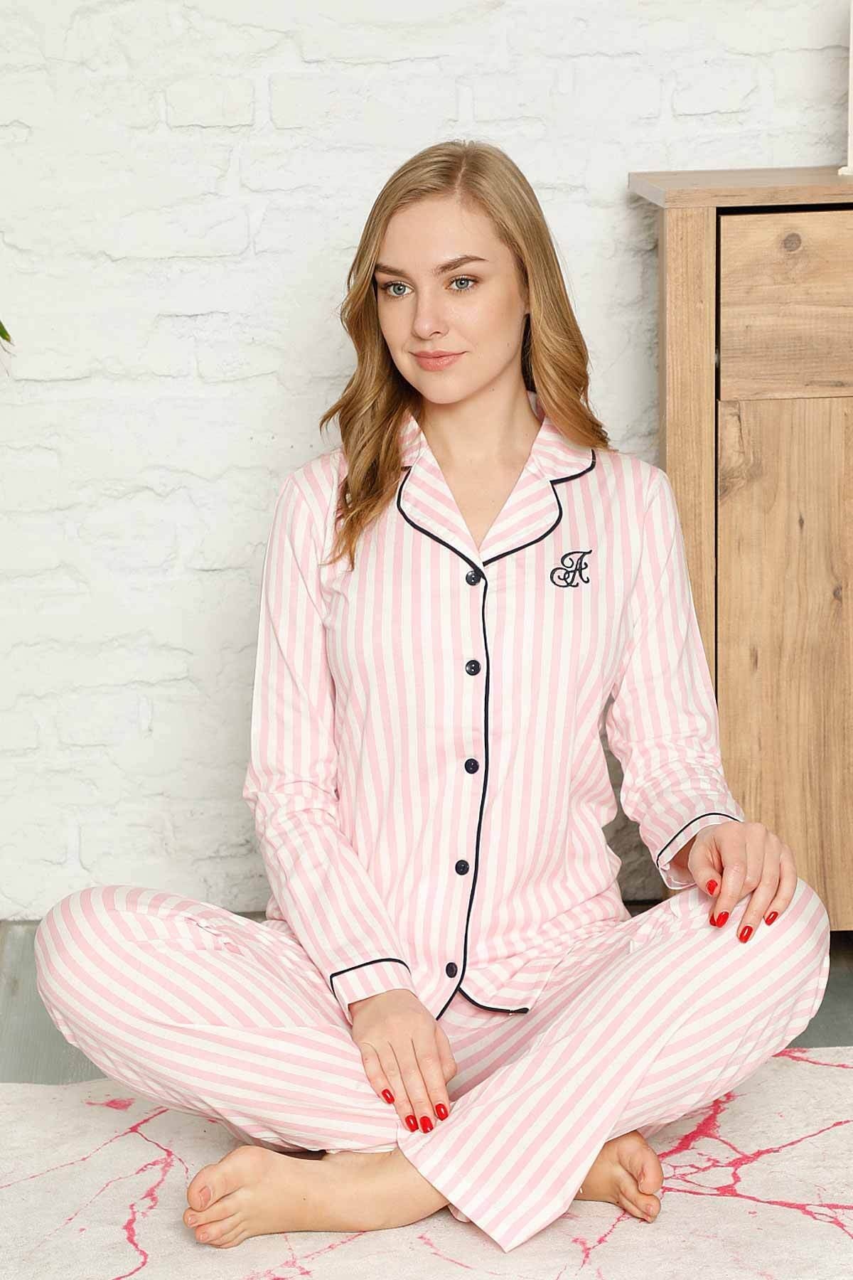 Dreamy Secret Pamuklu Likralı Biyeli Kısa Kollu Gömlek Pijama Takımı Pembe - Pembe Beyaz