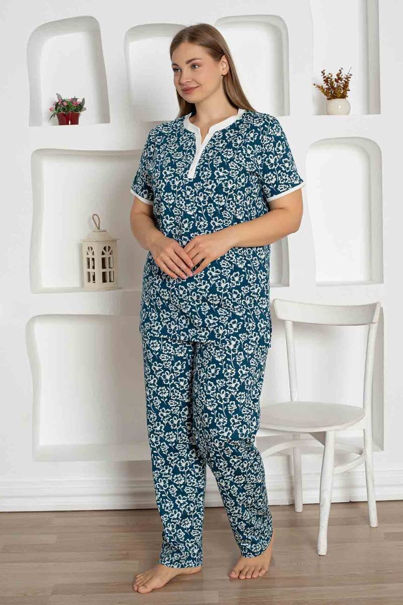 X-Dreamy Büyük Beden Likralı Pamuklu Çiçekli Kısa Kollu Pijama Takımı - İndigo