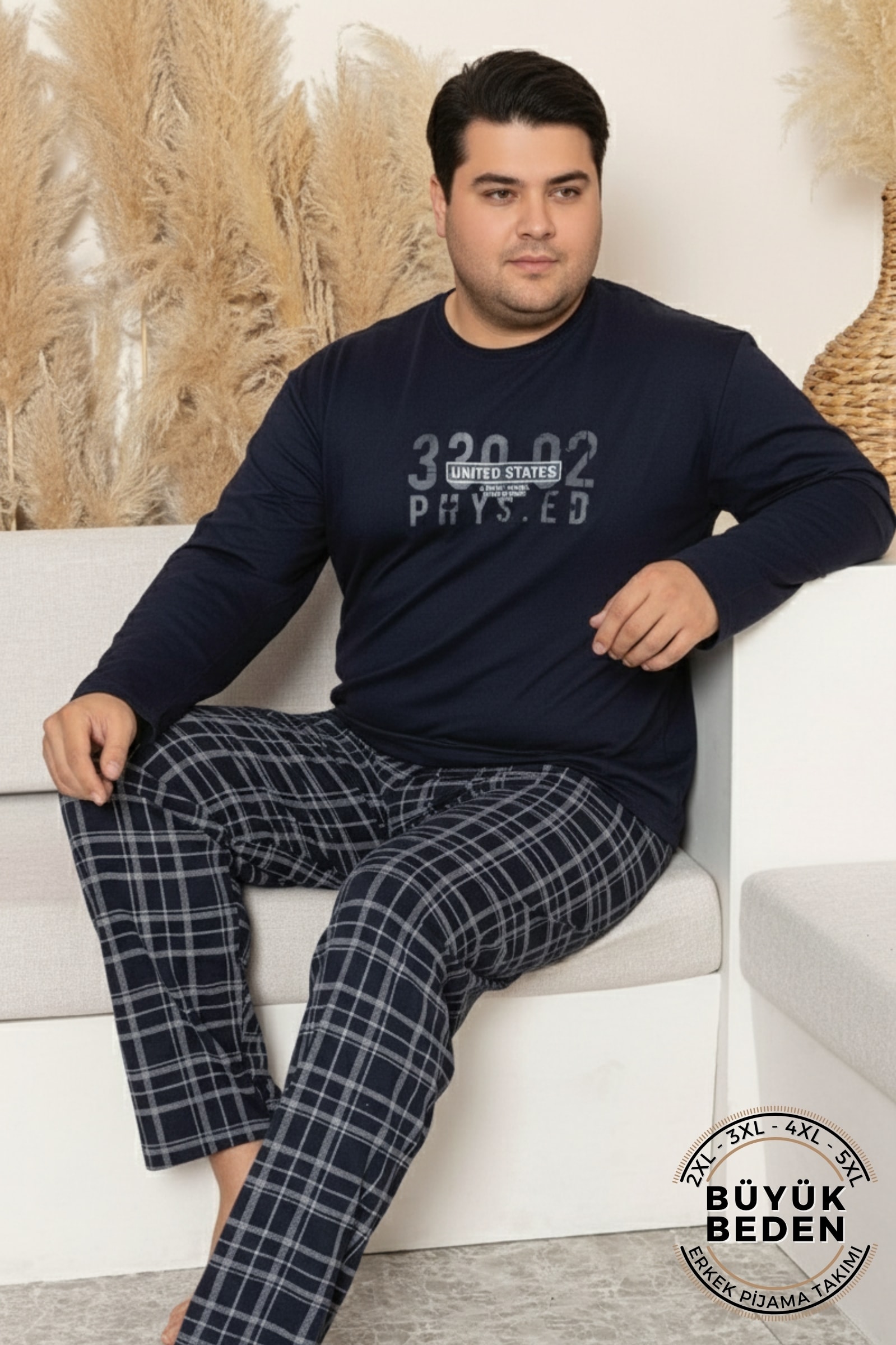 Büyük Beden Pamuklu Uzun Kollu Ekose Kareli Erkek Pijama Takımı - Lacivert