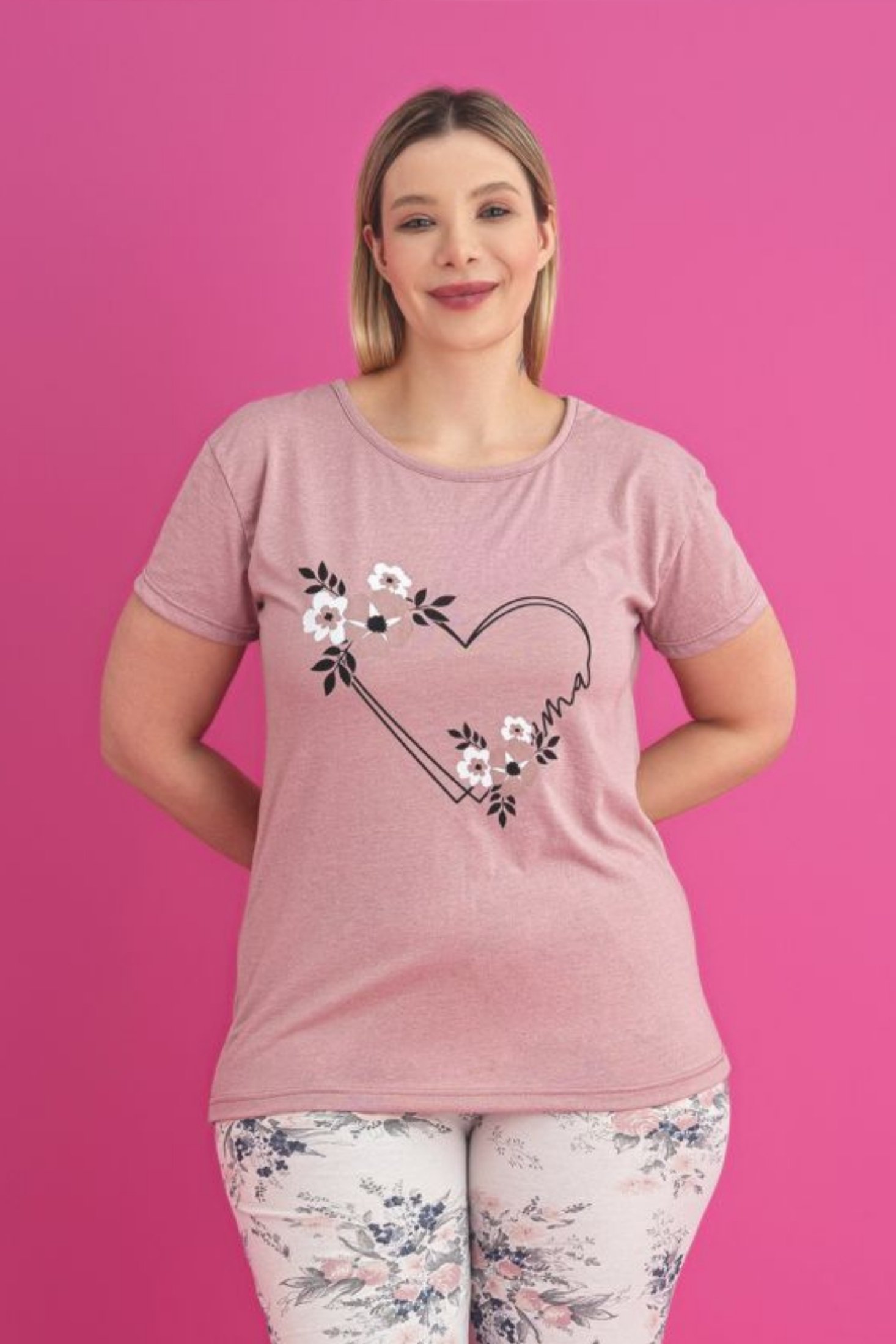 X-Dreamy Büyük Beden Pamuklu Desenli Kısa Kollu Pijama Takımı - Kahverengi