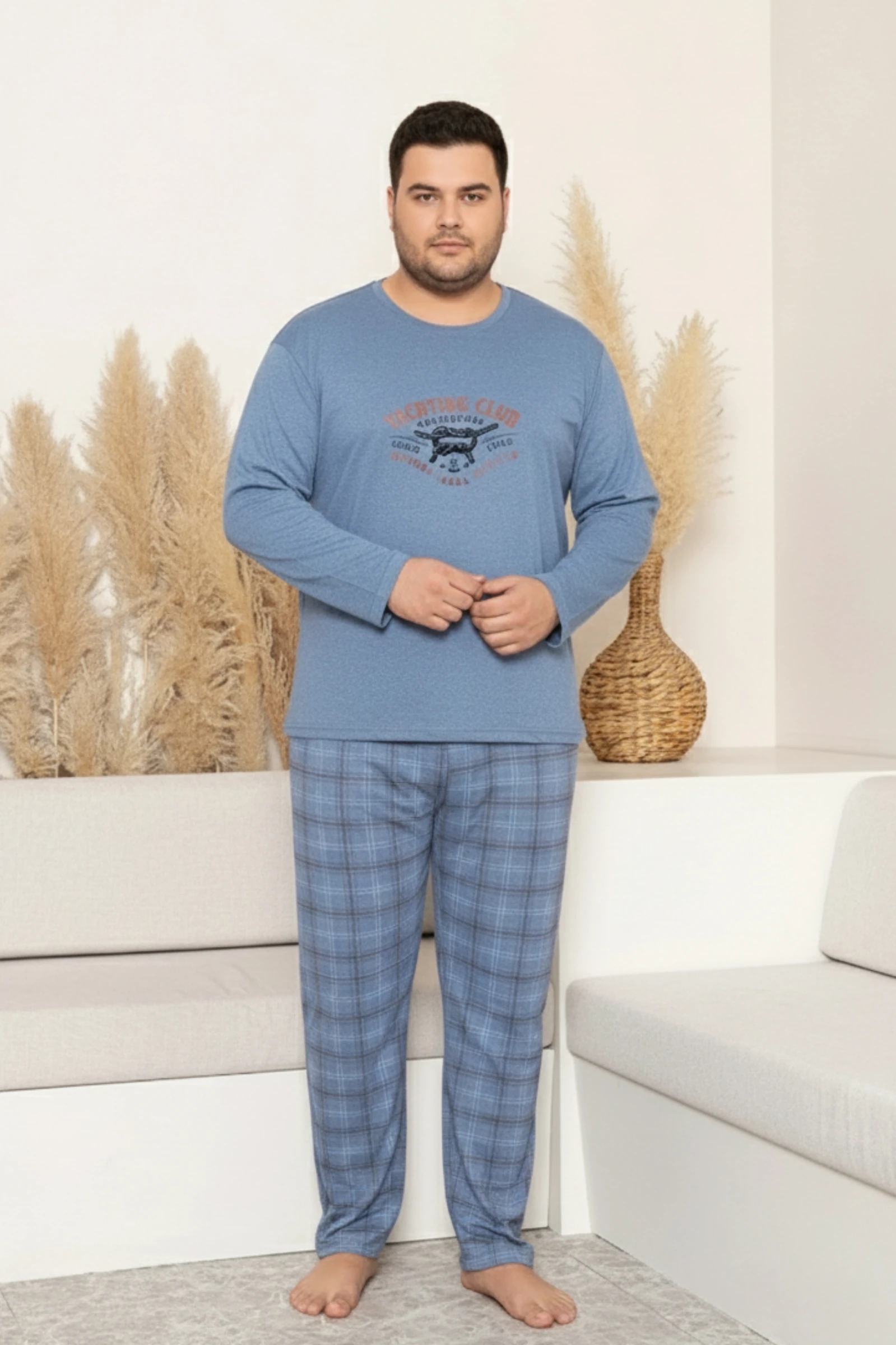 Büyük Beden Pamuklu Uzun Kollu Ekose Kareli Erkek Pijama Takımı - Mavi