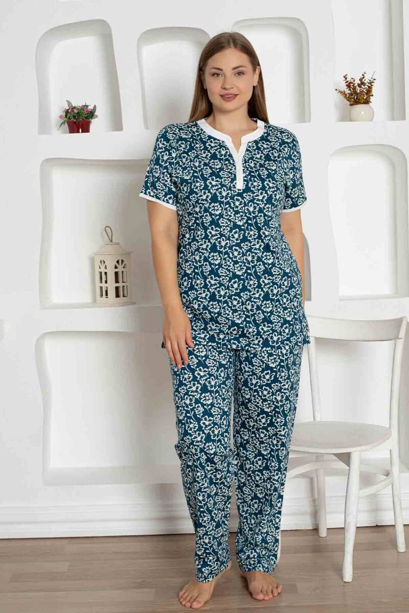 X-Dreamy Büyük Beden Likralı Pamuklu Çiçekli Kısa Kollu Pijama Takımı - İndigo