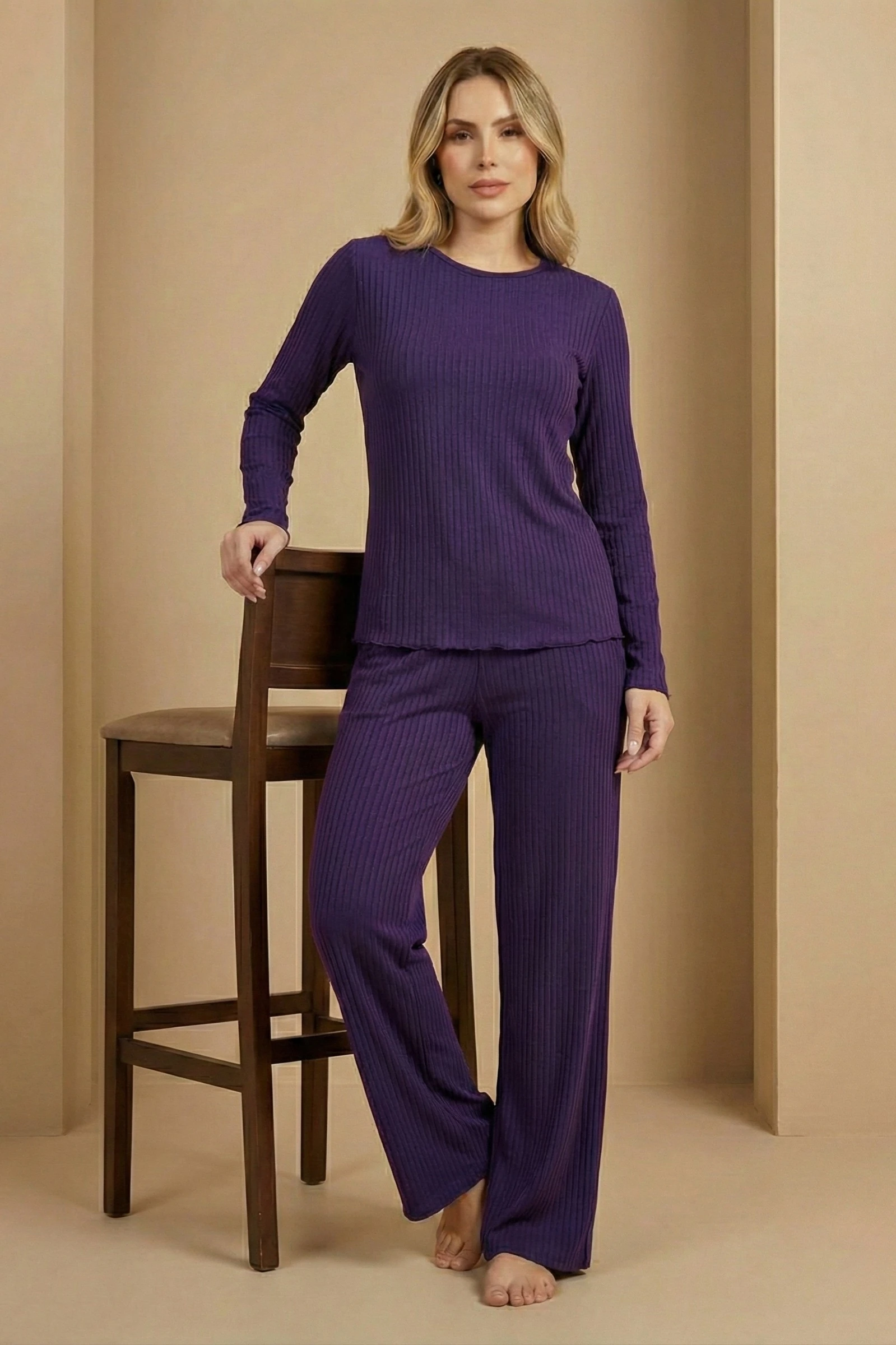 Uzun Kollu Bol Paça Yumuşak Şeritli Örme Kaşkorse Pijama Takımı - Mor