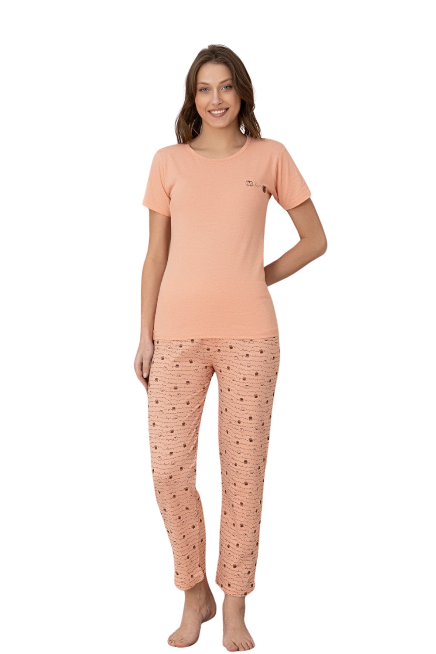 Dreamy Pamuklu Desenli Kısa Kollu Kadın Pijama Takımı - Somon
