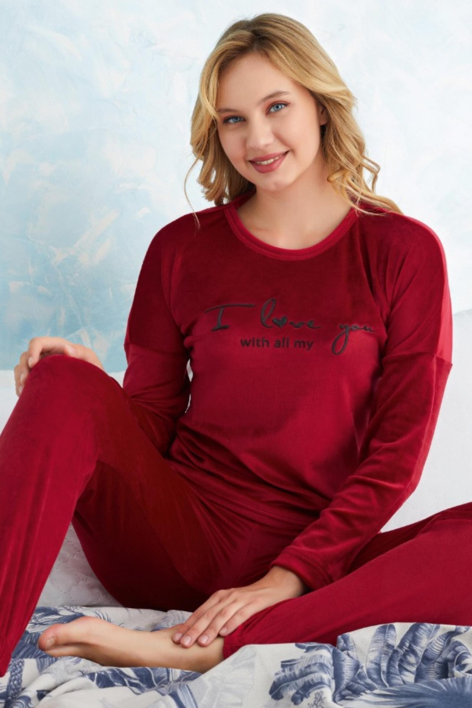 Luxury Velvet Fransız Kadife Yazı Detaylı Pijama Takımı - Bordo