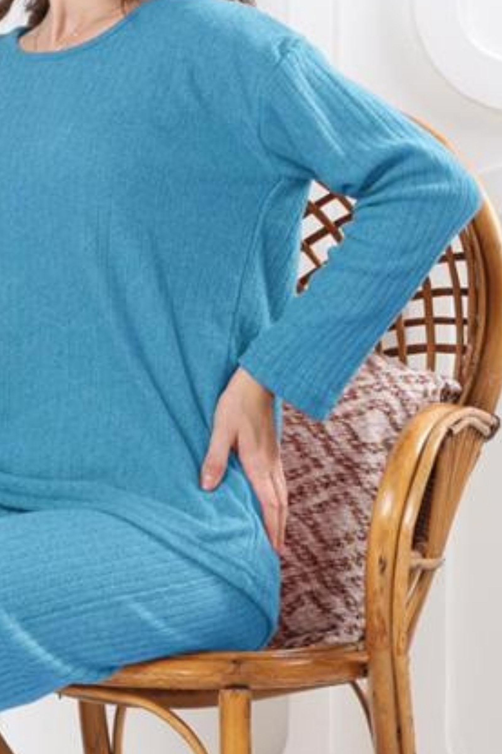 Pamuklu Kalın Kışlık İnterlok Şeritli Uzun Kollu Örme Pijama Takımı - Mavi