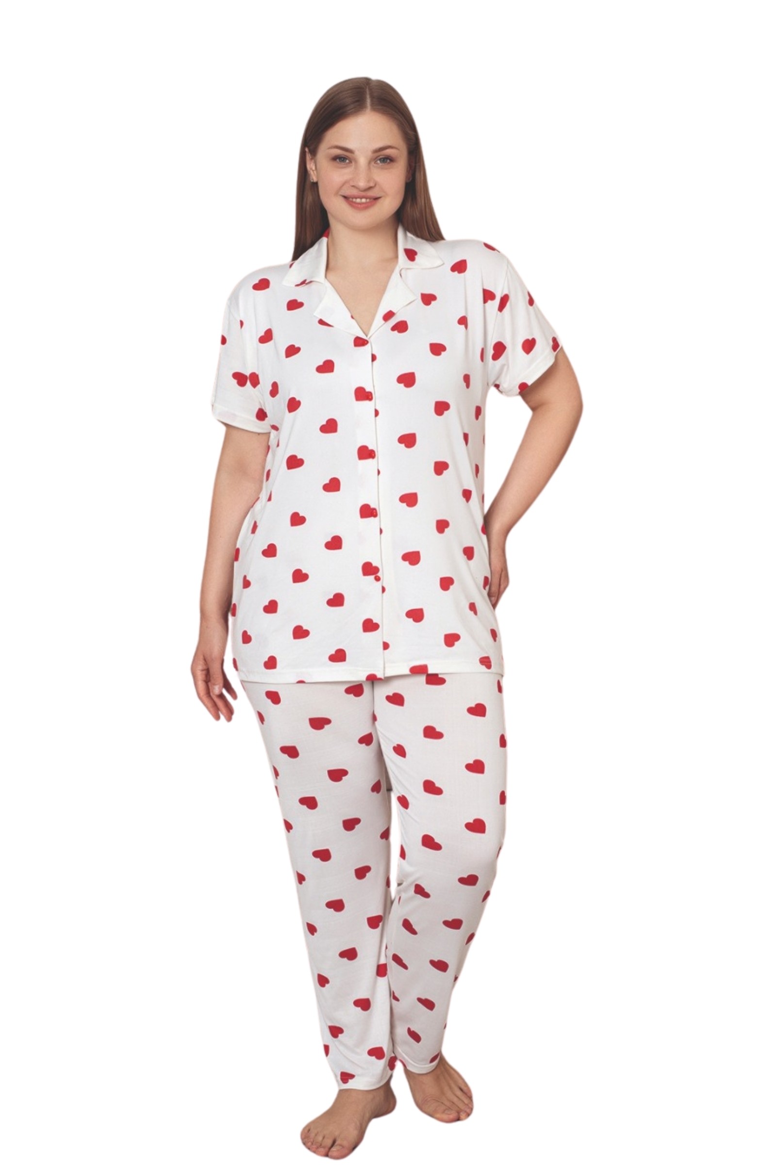Büyük Beden Milan Düğmeli Kalpli Likralı Gömlek Pijama Takımı