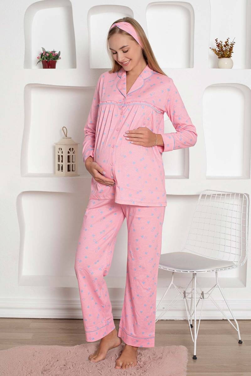 Mother's Dream Pamuklu Biyeli Düğmeli Hamile Lohusa Pijama Takımı - Pembe