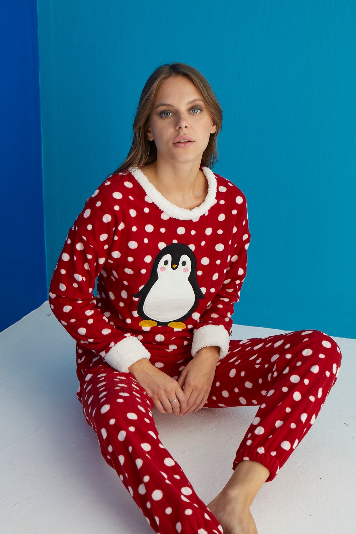 Luxury Soft Penguen Desenli Puantiyeli Fitilli Polar Pijama Takımı