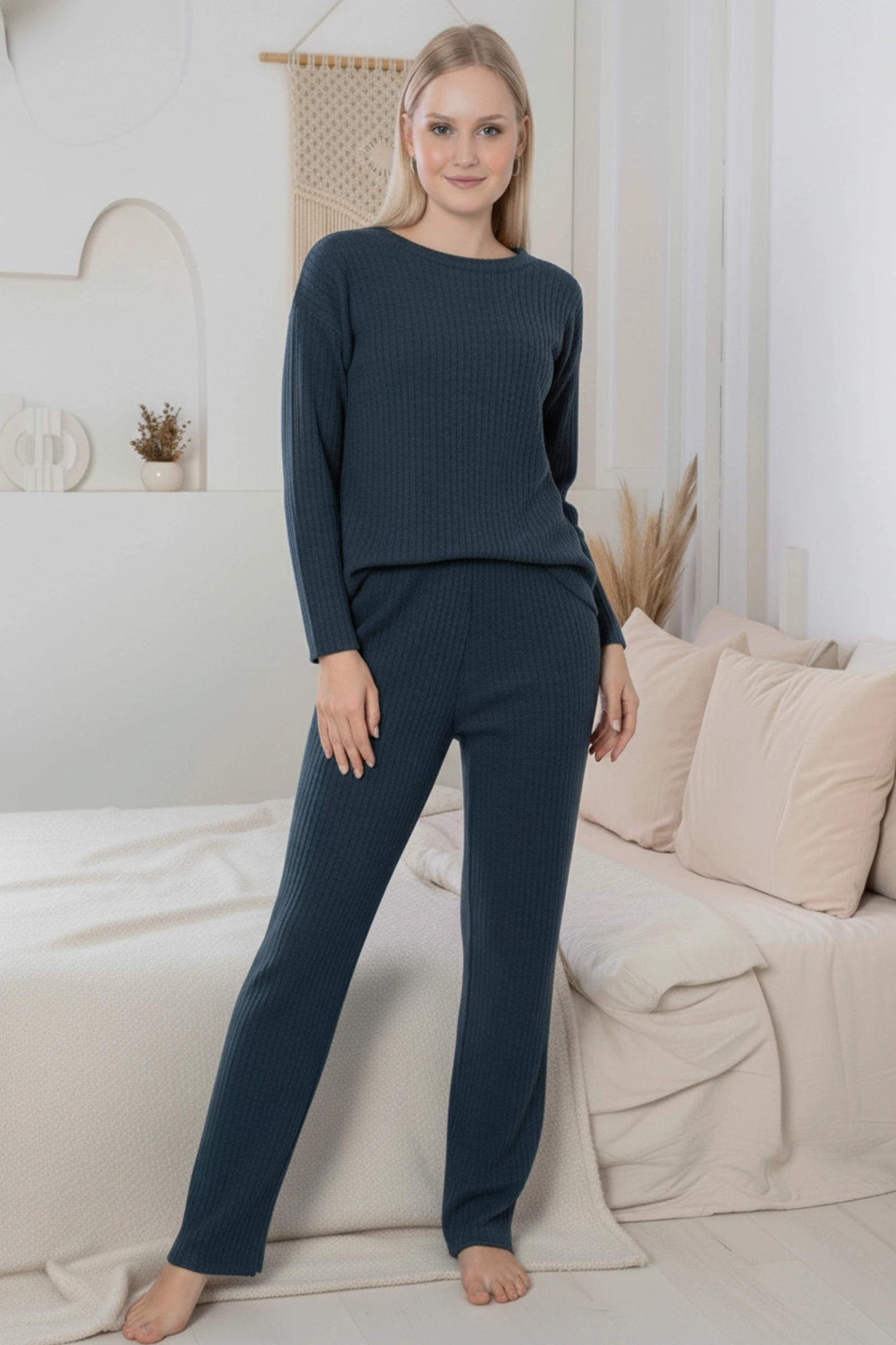 Kalın Kışlık İnterlok Şeritli Uzun Kollu Örme Pijama Takımı - Lacivert