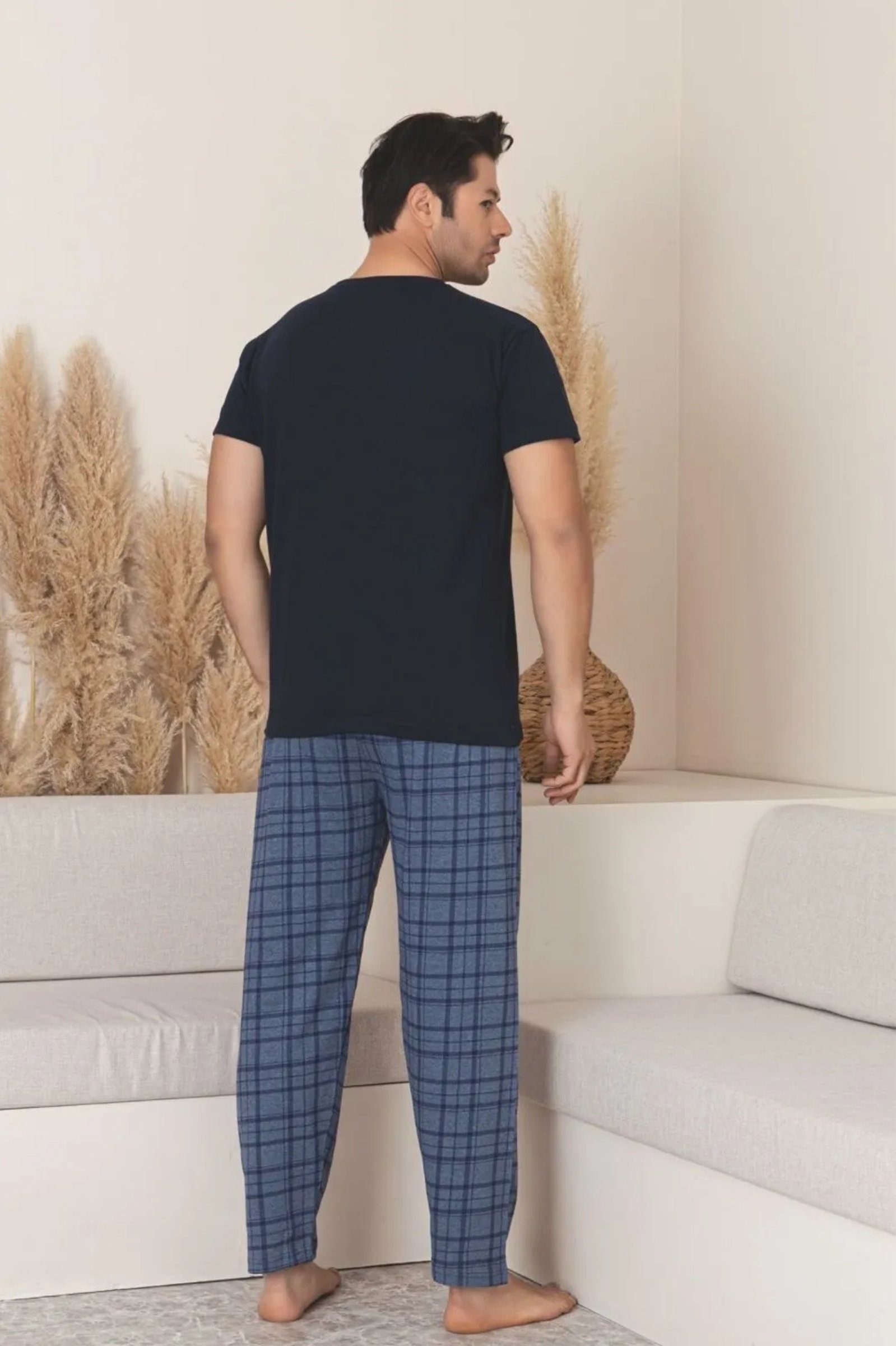 Dreamy Pamuklu Ekose Kareli Kısa Kollu Örme Erkek Pijama Takımı - Lacivert