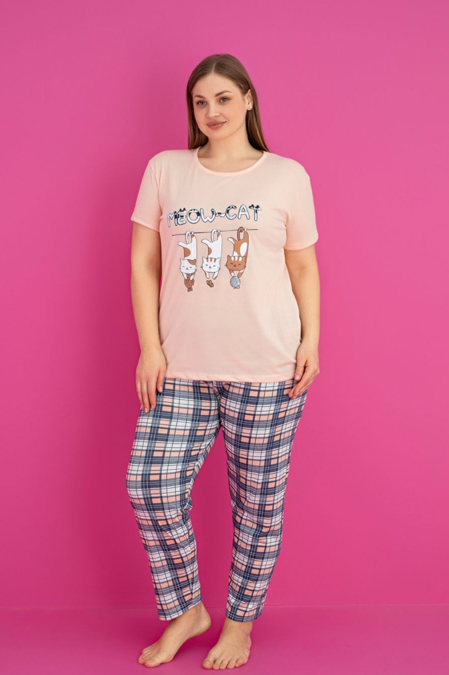 X-Dreamy Büyük Beden Pamuklu Desenli Kısa Kollu Pijama Takımı - Somon