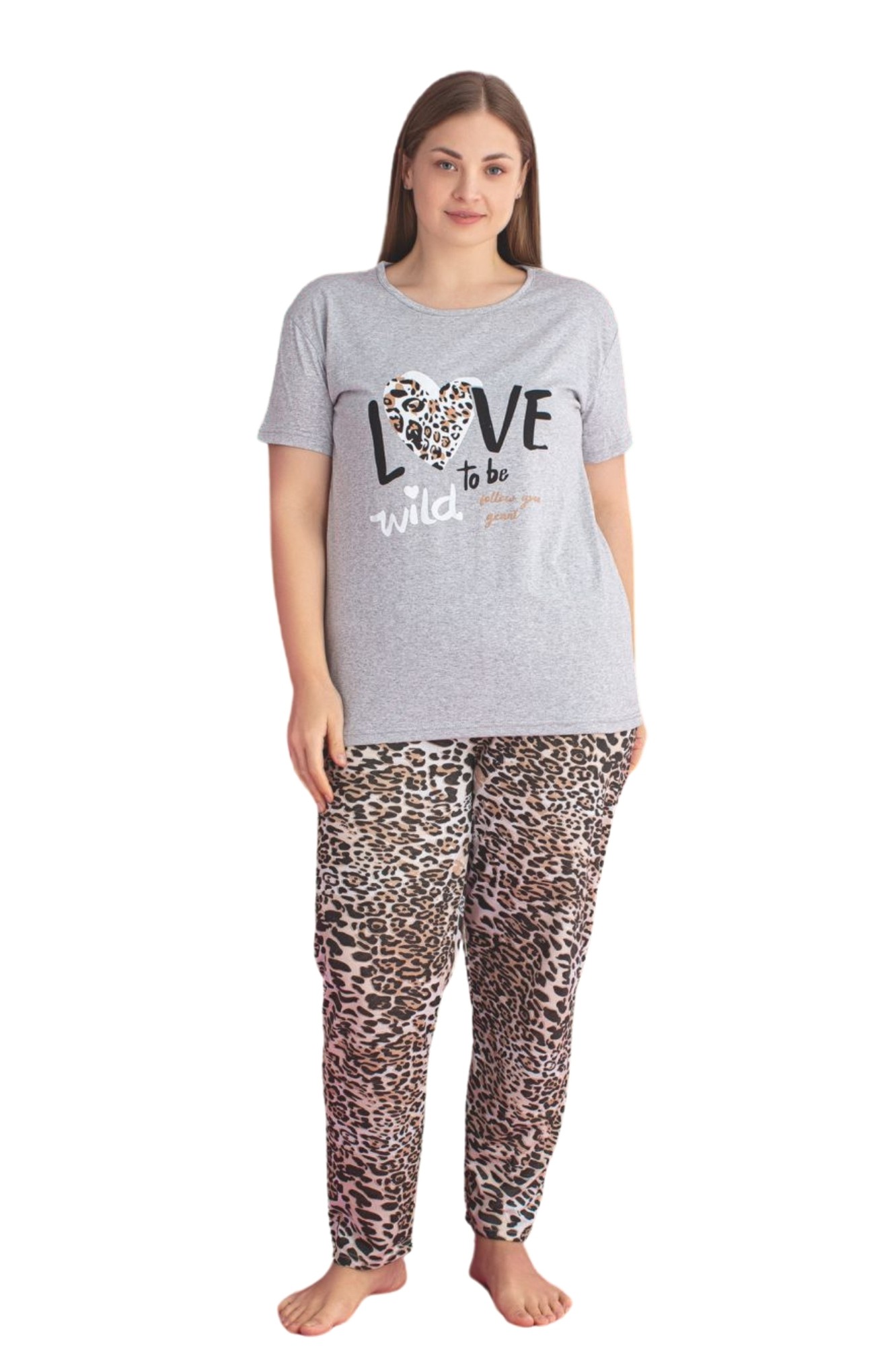 X-Dreamy Büyük Beden Pamuklu Leopar Desenli Kısa Kollu Pijama Takımı - Leopar