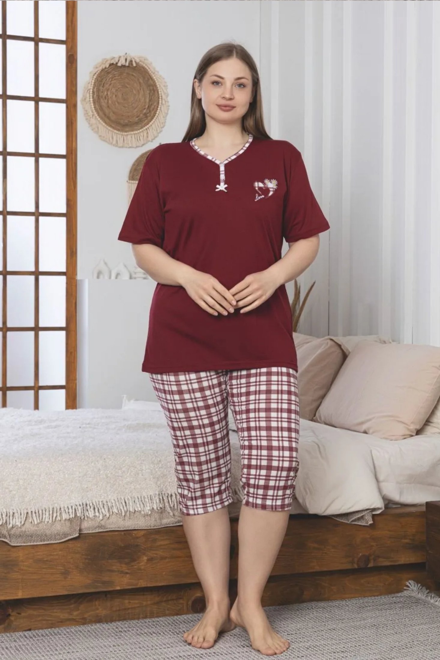 X-Dreamy Büyük Beden Pamuklu Desenli Düğmeli Yaka Kapri Pijama Takımı - Kırmızı