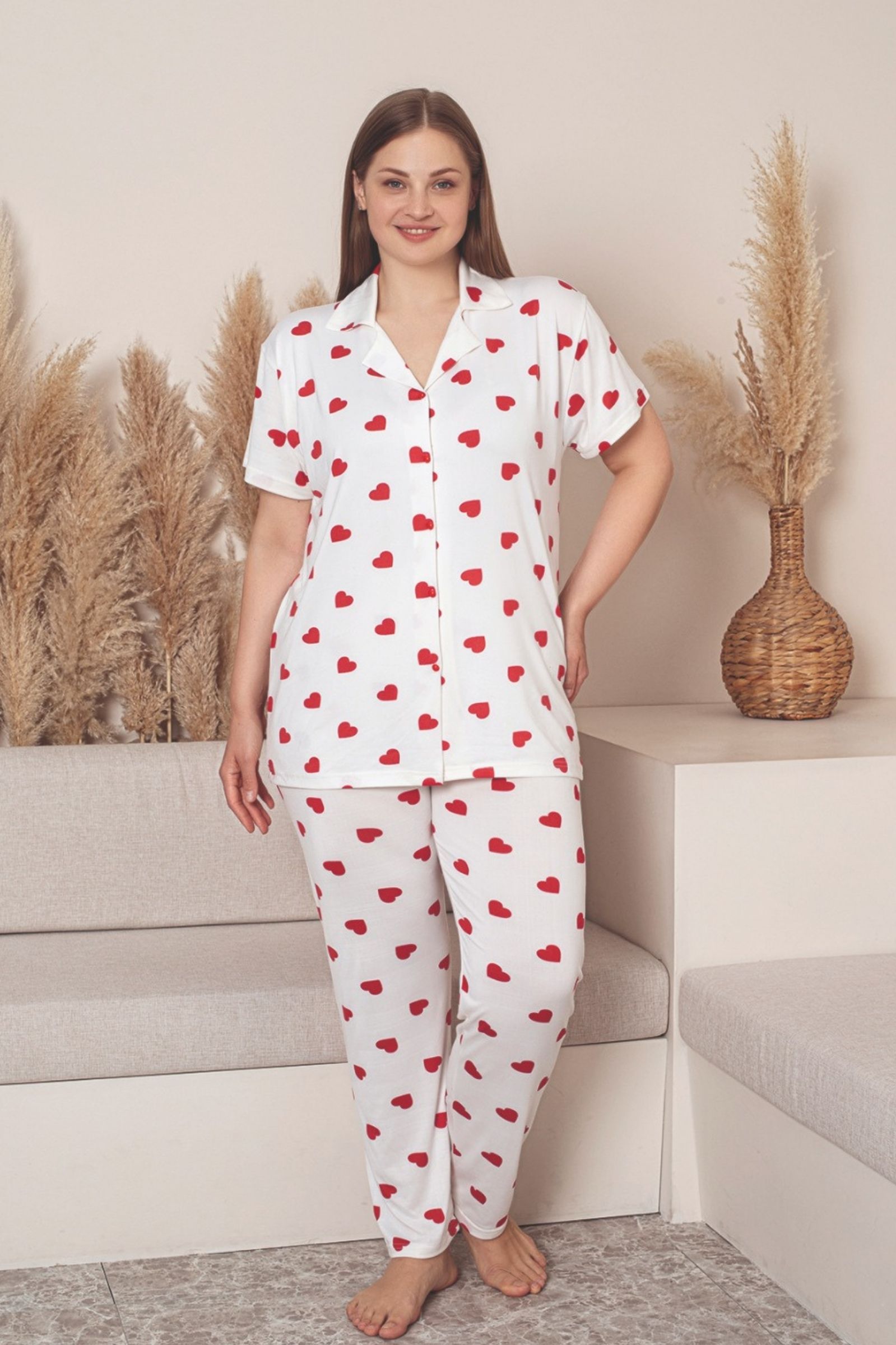 Büyük Beden Milan Düğmeli Kalpli Likralı Gömlek Pijama Takımı