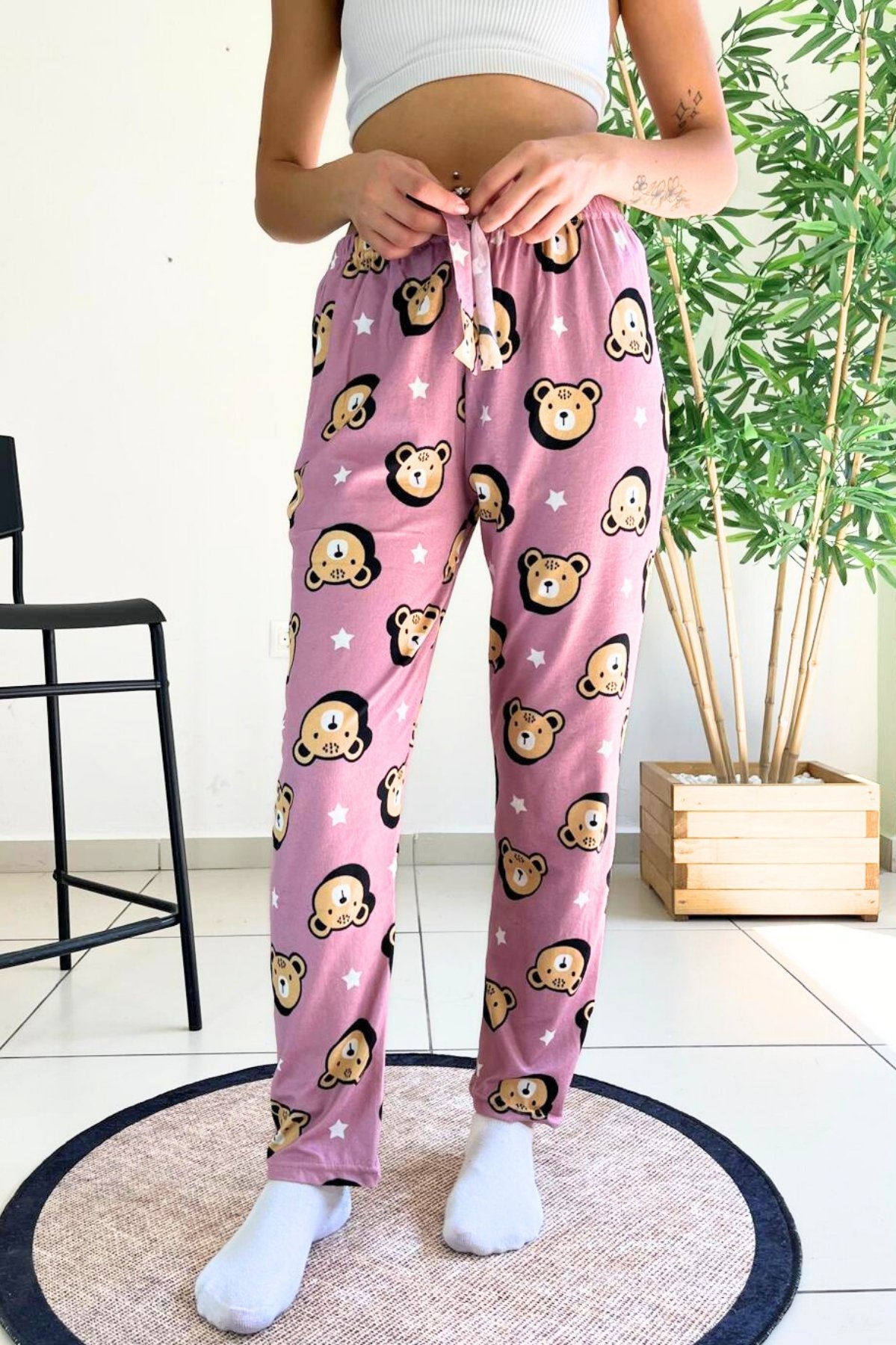 Dreamy Soft Kadife Dokulu Ayıcık Desenli Süet Pijama Altı Pantolon - Lila