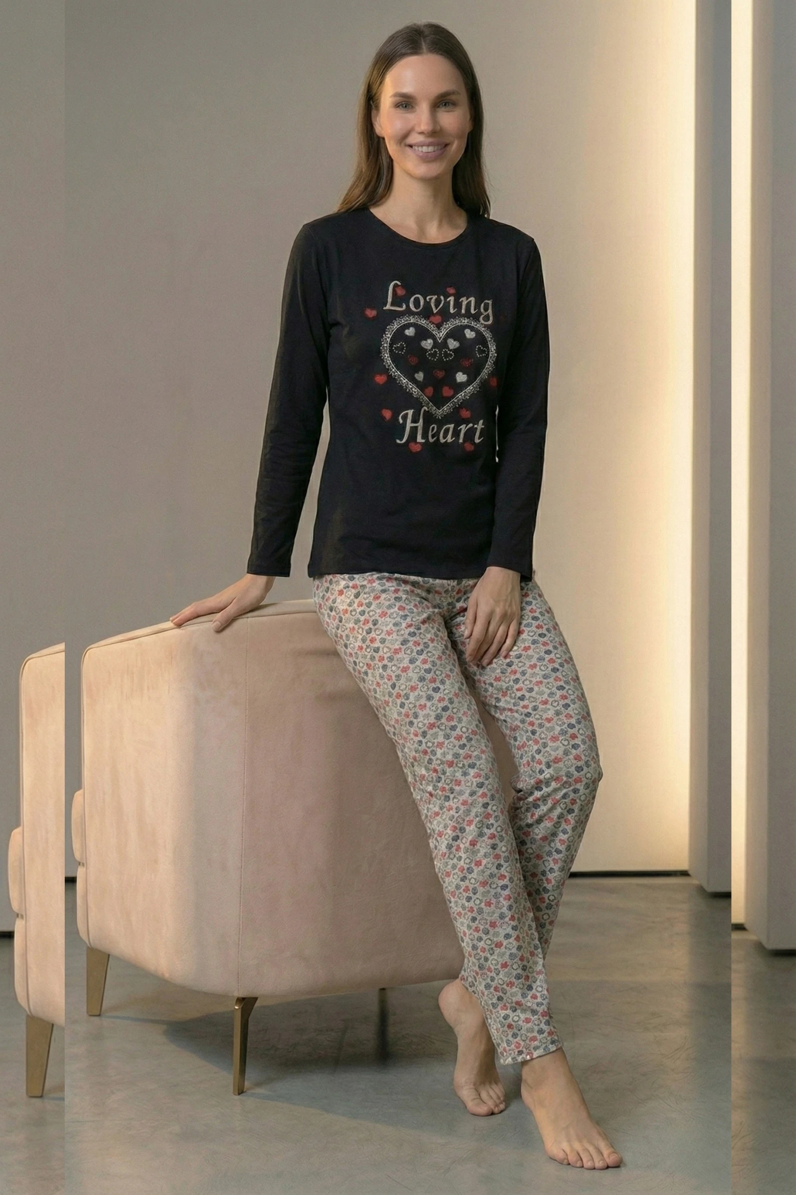 Dreamy Pamuklu Desenli 2 İplik Uzun Kollu Pijama Takımı - Siyah-Beyaz