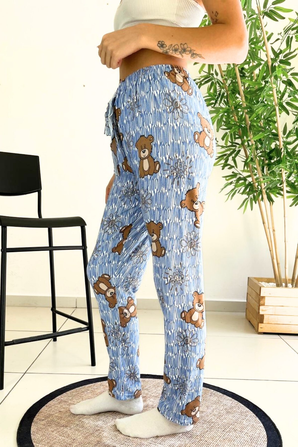 Dreamy Soft Kadife Dokulu Ayıcık Desenli Süet Pijama Altı Pantolon - Mavi