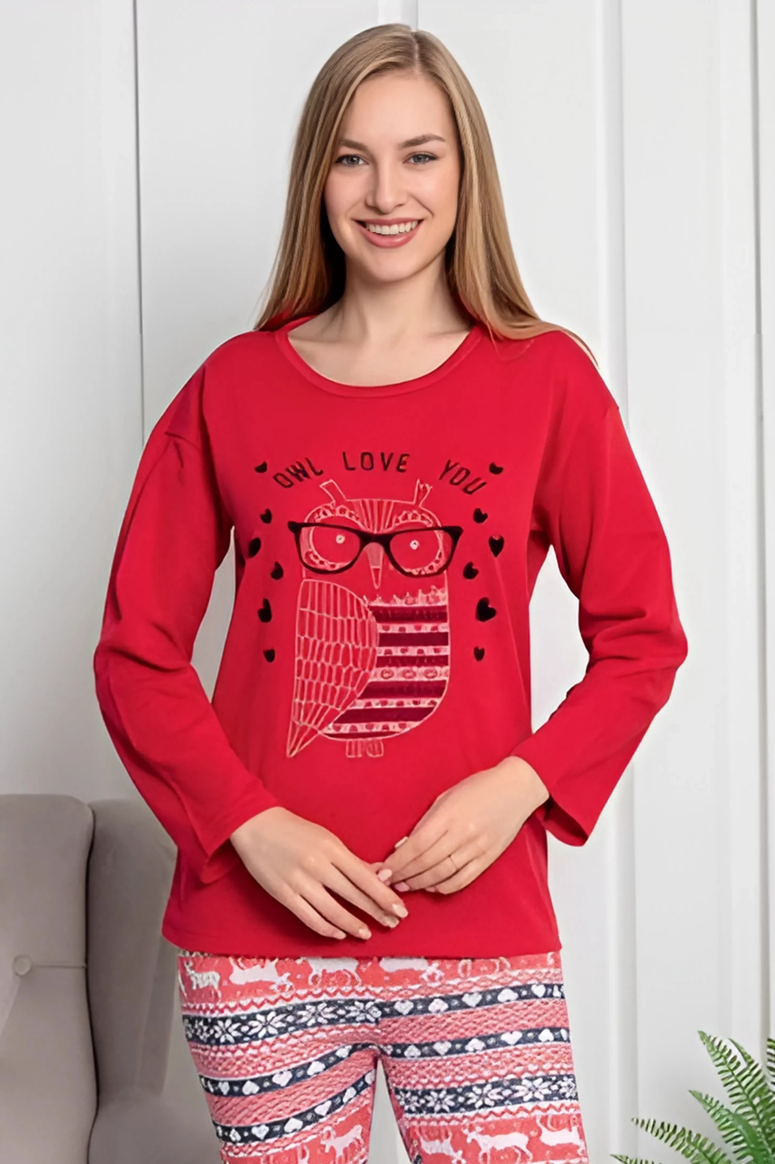 Dreamy Pamuklu Desenli 2 İplik Uzun Kollu Pijama Takımı - Kırmızı