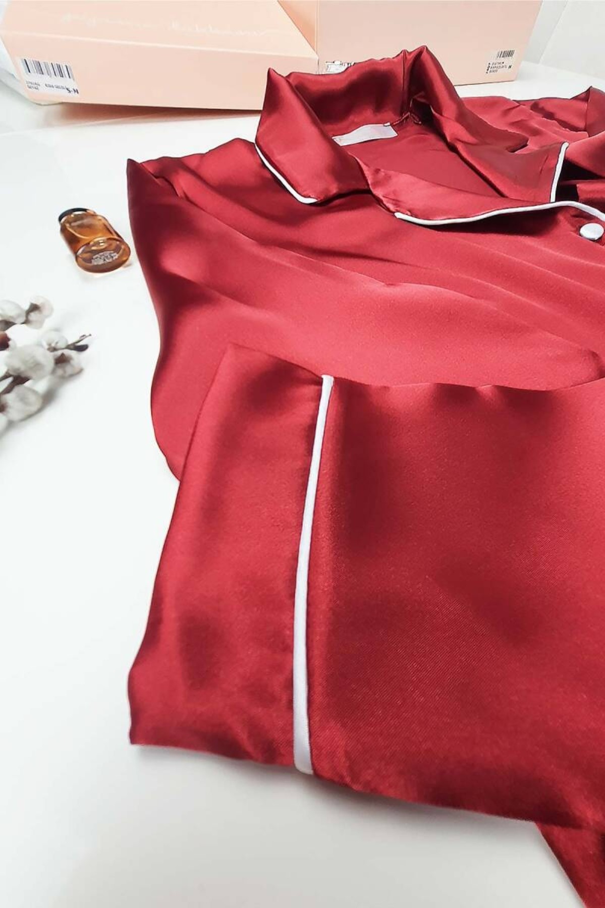 Faryanight İpek Saten Uzun Kollu Biyeli Düğmeli Gömlek Pijama Takımı - Bordo
