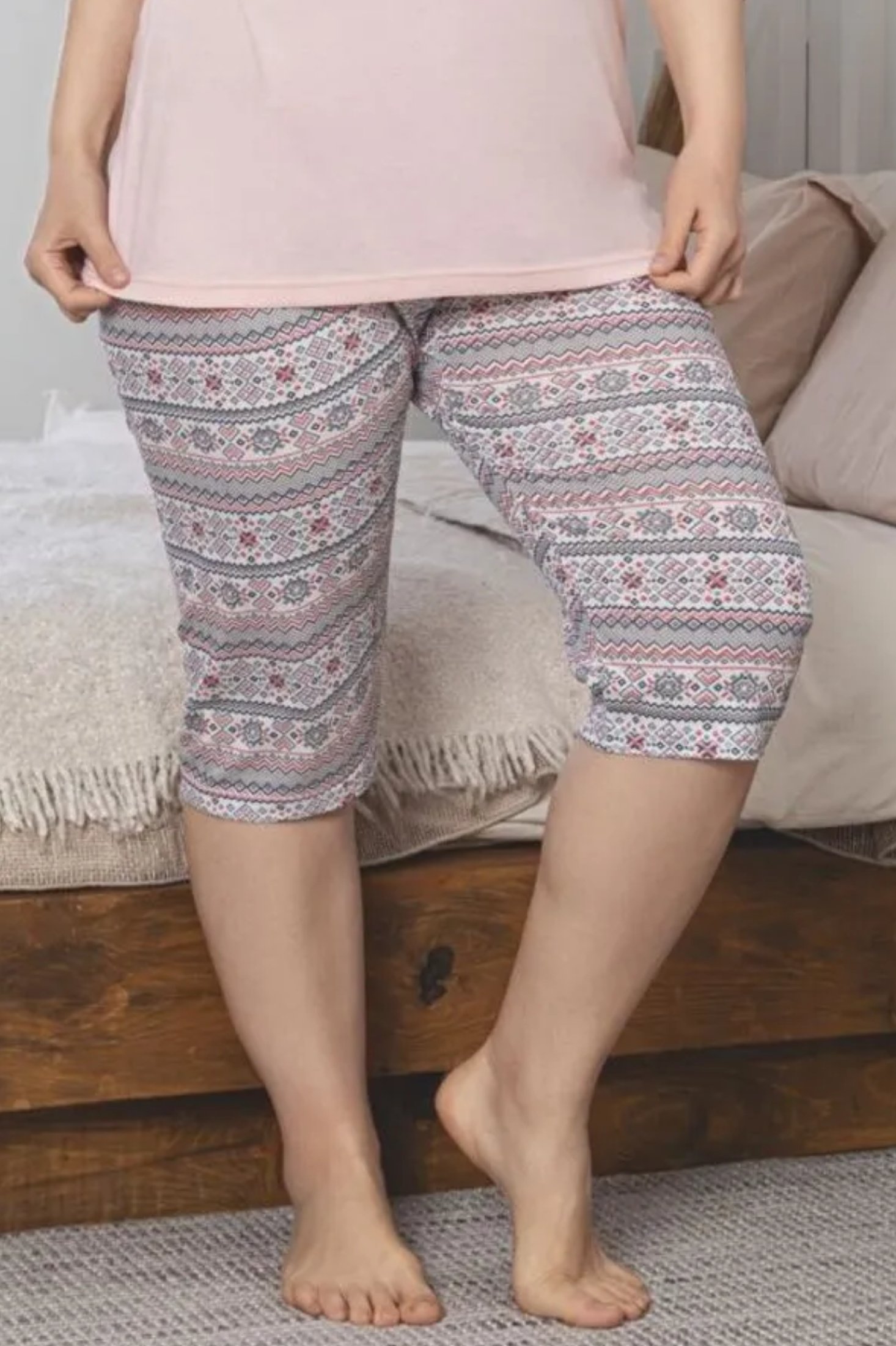 X-Dreamy Büyük Beden Pamuklu Desenli Düğmeli Yaka Kapri Pijama Takımı - Somon
