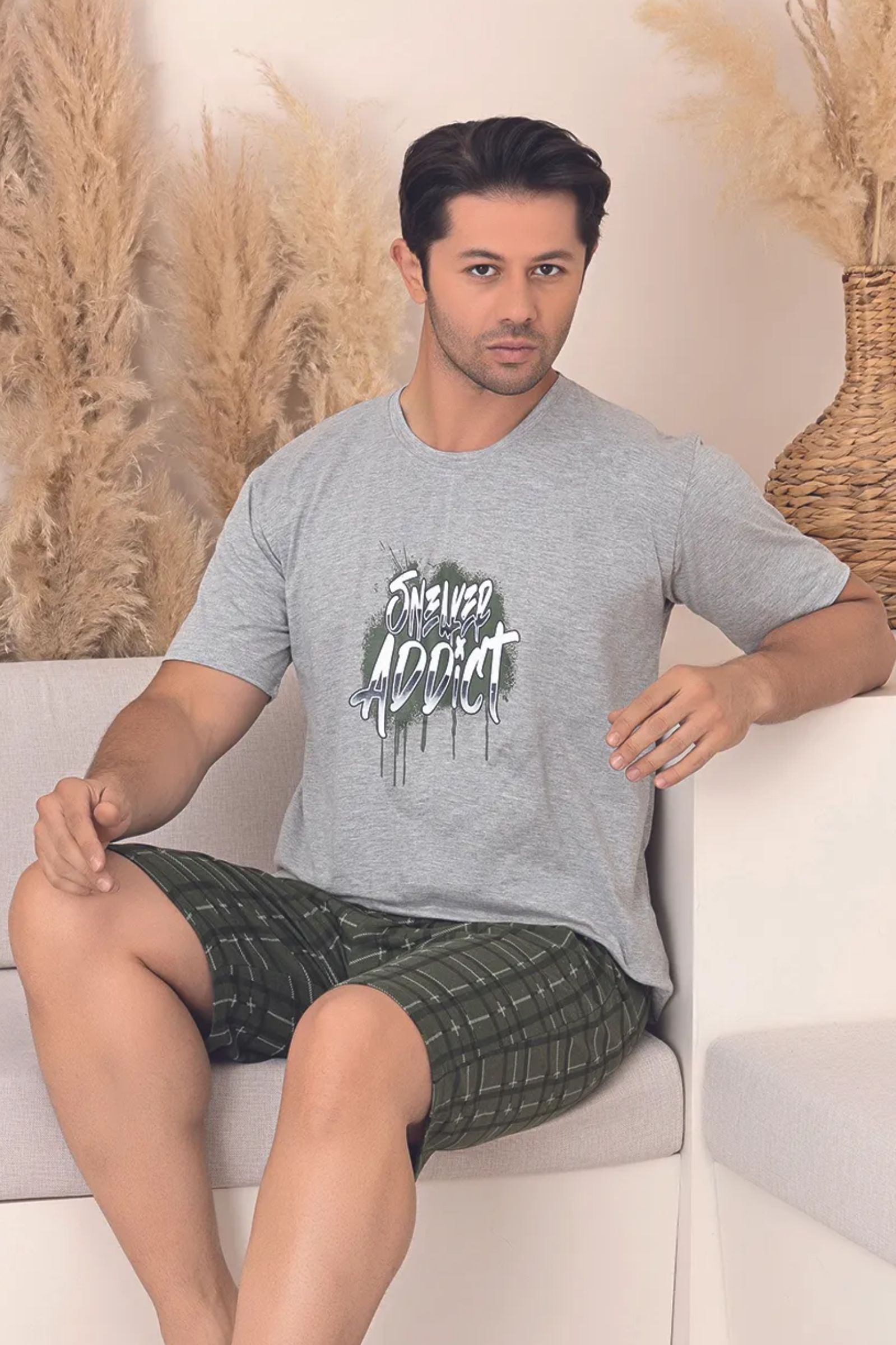 Dreamy Pamuklu Cepli Desenli Kısa Kollu Şortlu Erkek Pijama Takımı - Gri