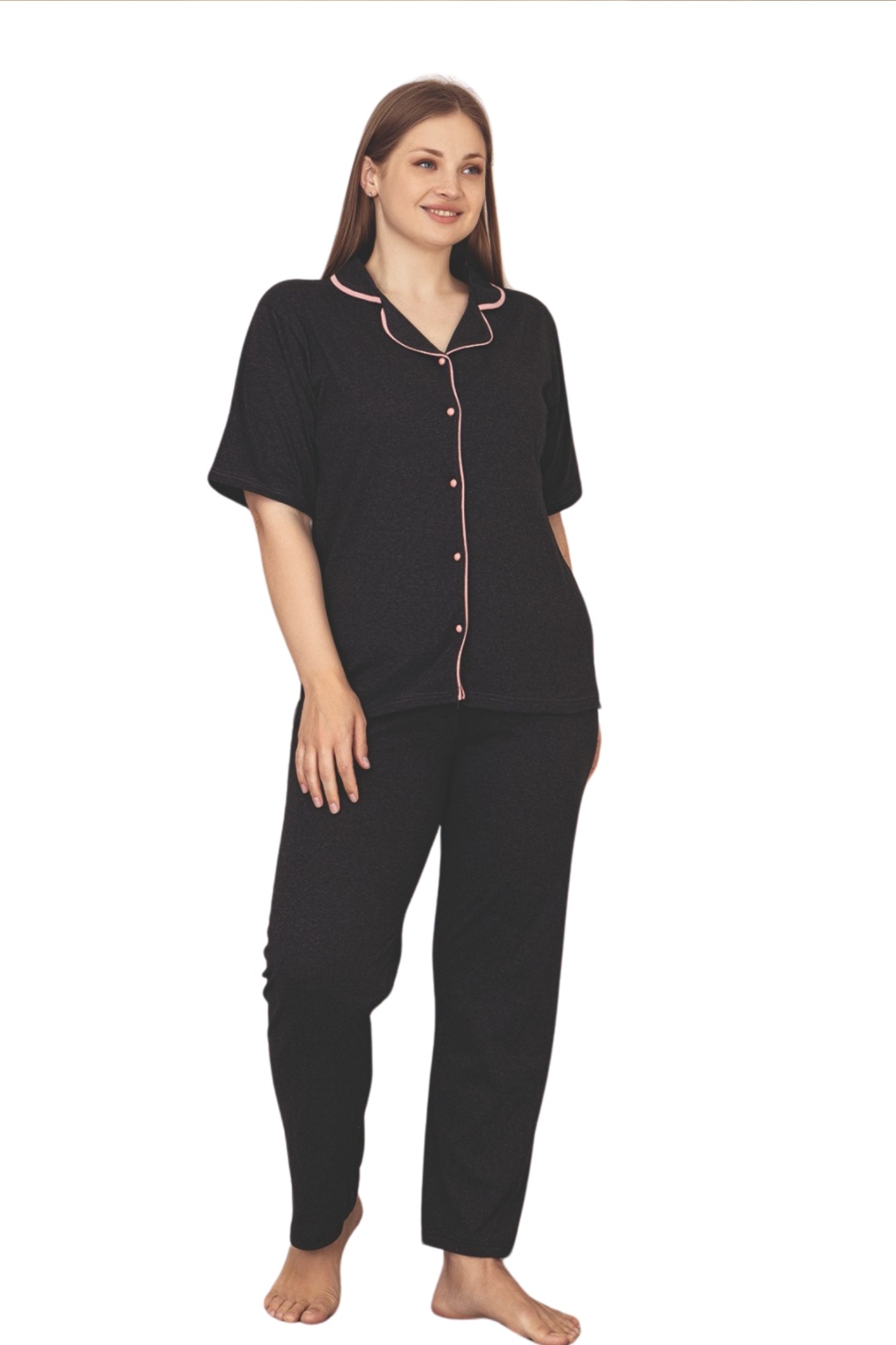 Büyük Beden Pamuklu Biyeli Düğmeli Kısa Kollu Gömlek Pijama Takımı