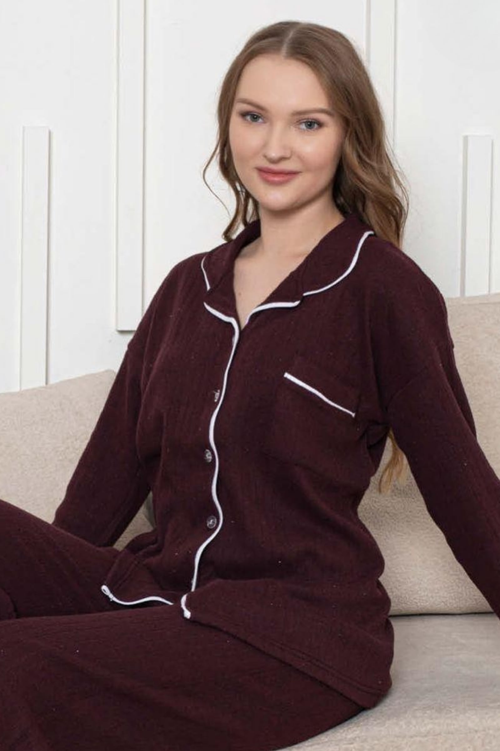 Pamuklu Kışlık İnterlok Şeritli Uzun Kollu Düğmeli Biyeli Gömlek Pijama Takımı - Mürdüm