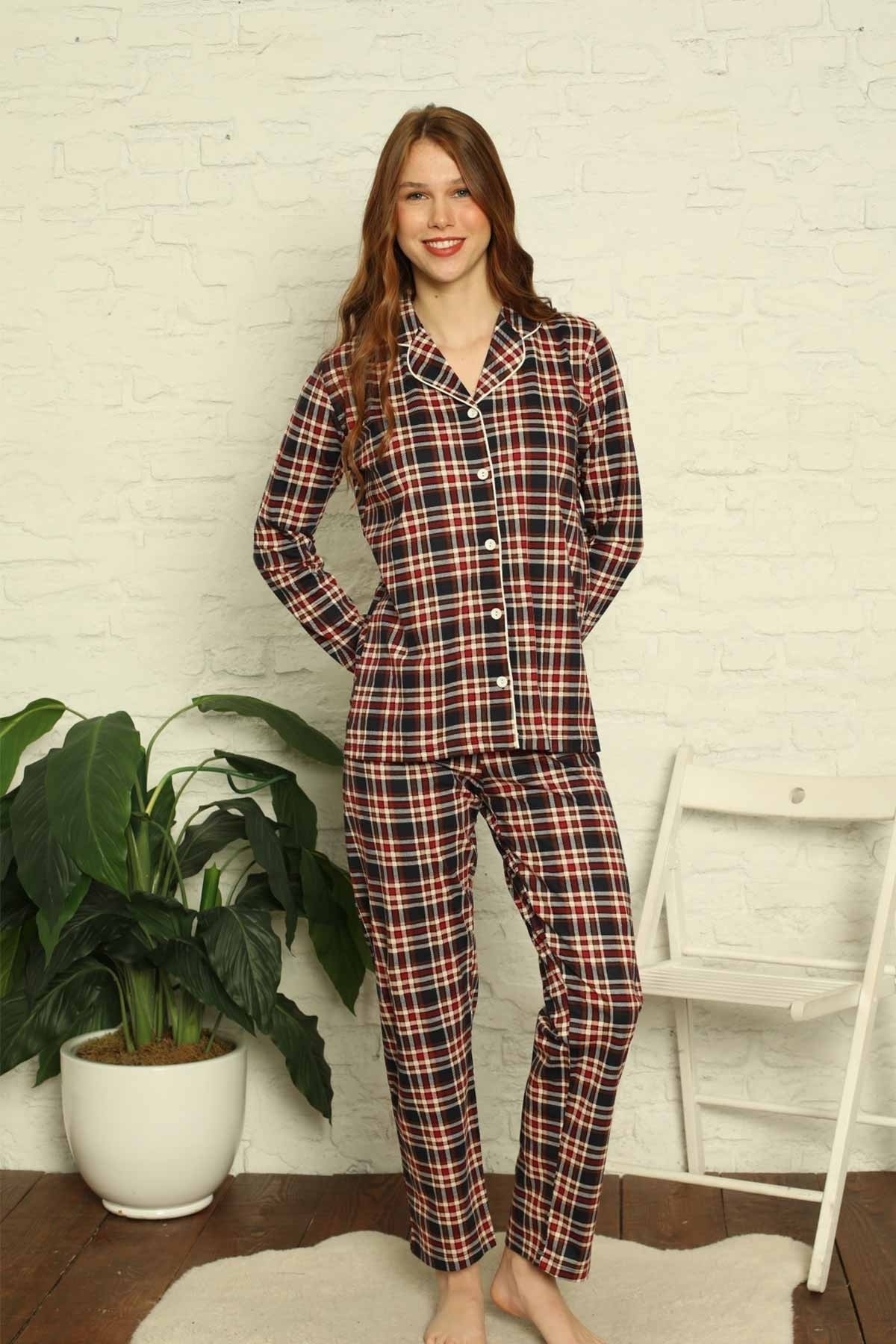 Dreamy Ekoseli Pamuklu Biyeli Uzun Kollu Gömlek Pijama Takımı - Ekose