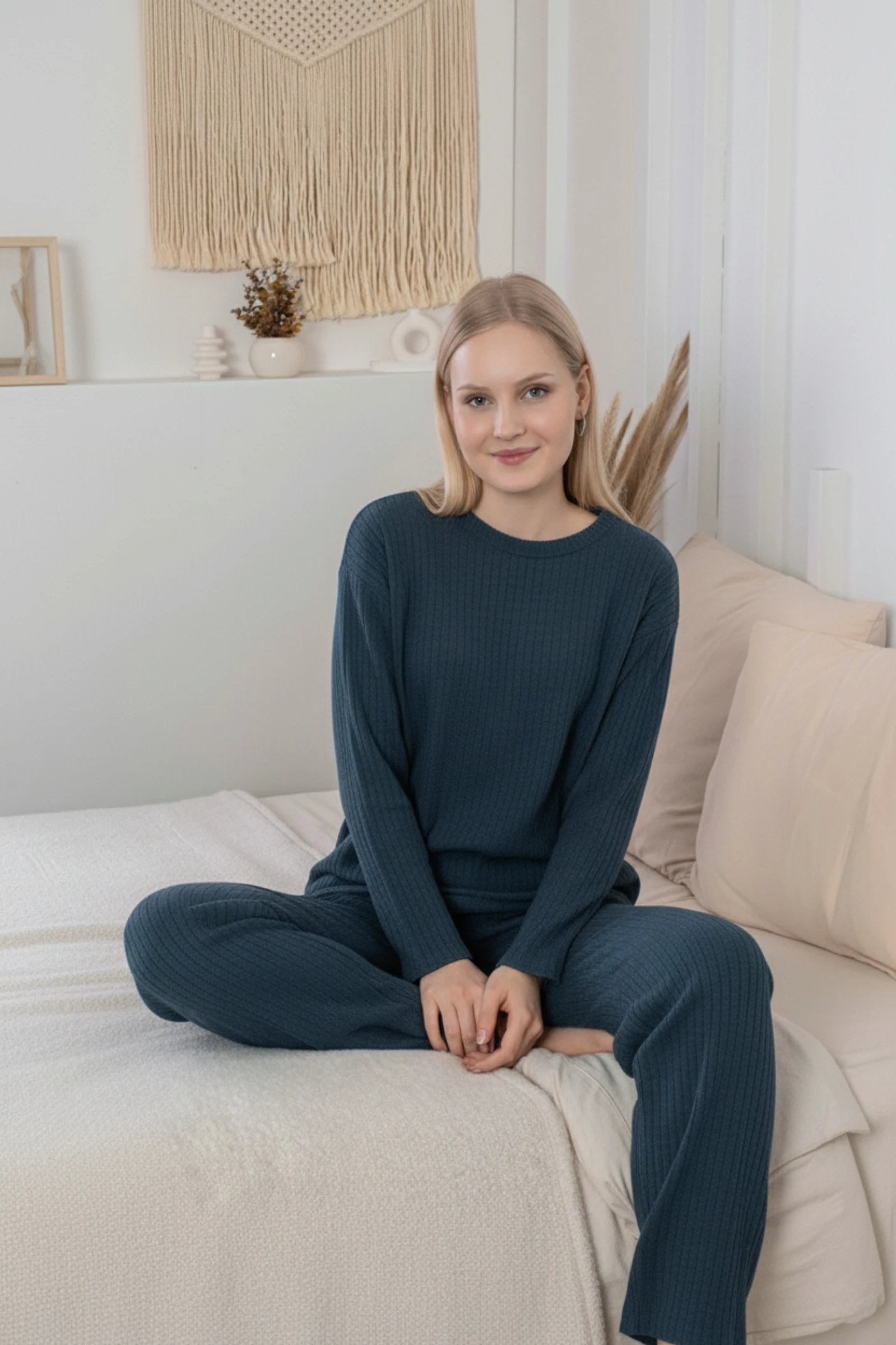 Kalın Kışlık İnterlok Şeritli Uzun Kollu Örme Pijama Takımı - Lacivert