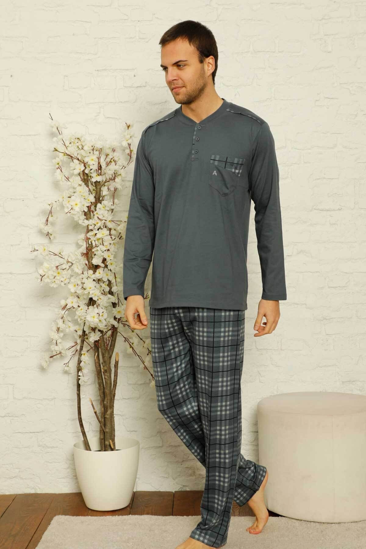 Dreamy Ekoseli Pamuklu Düğmeli Yaka Cepli Erkek Pijama Takımı Füme
