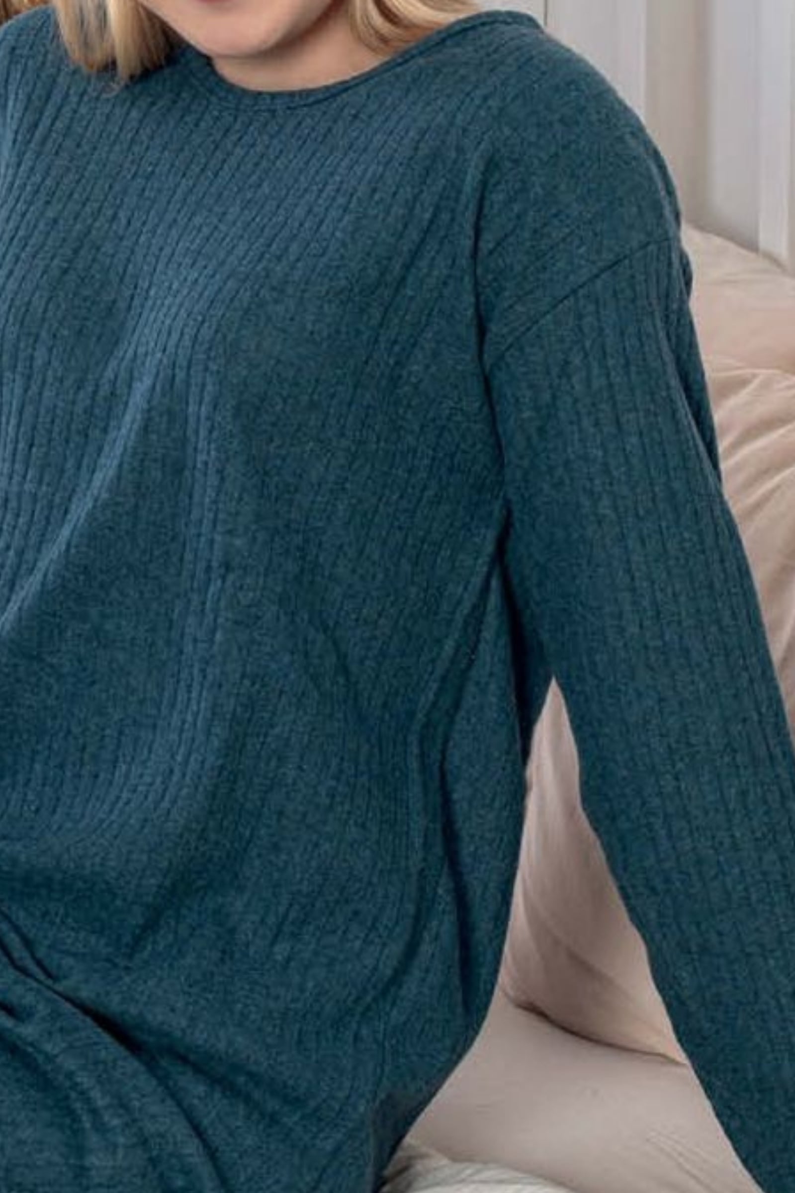 Pamuklu Kalın Kışlık İnterlok Şeritli Uzun Kollu Örme Pijama Takımı - Petrol Yeşili