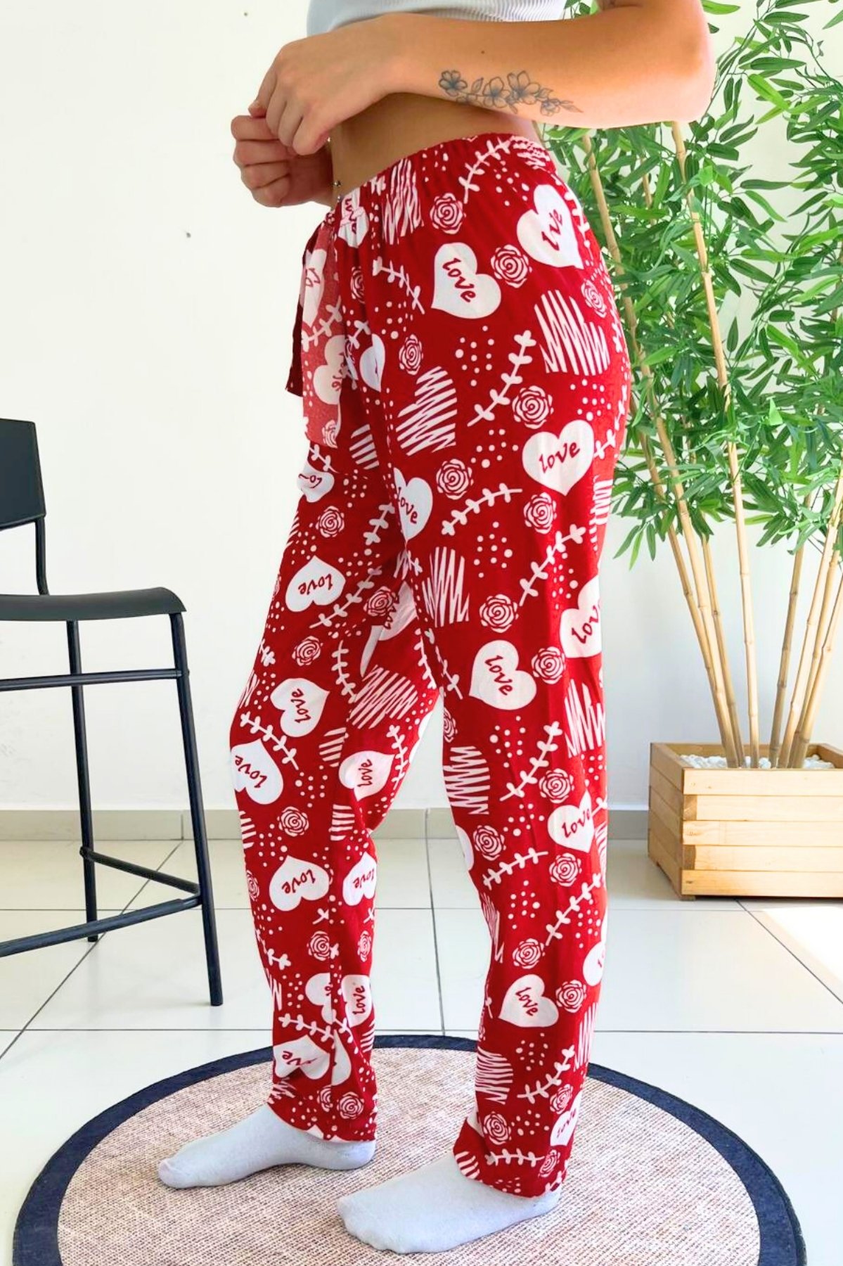 Dreamy Soft Kadife Dokulu Desenli Süet Pijama Altı Pantolon - Kırmızı