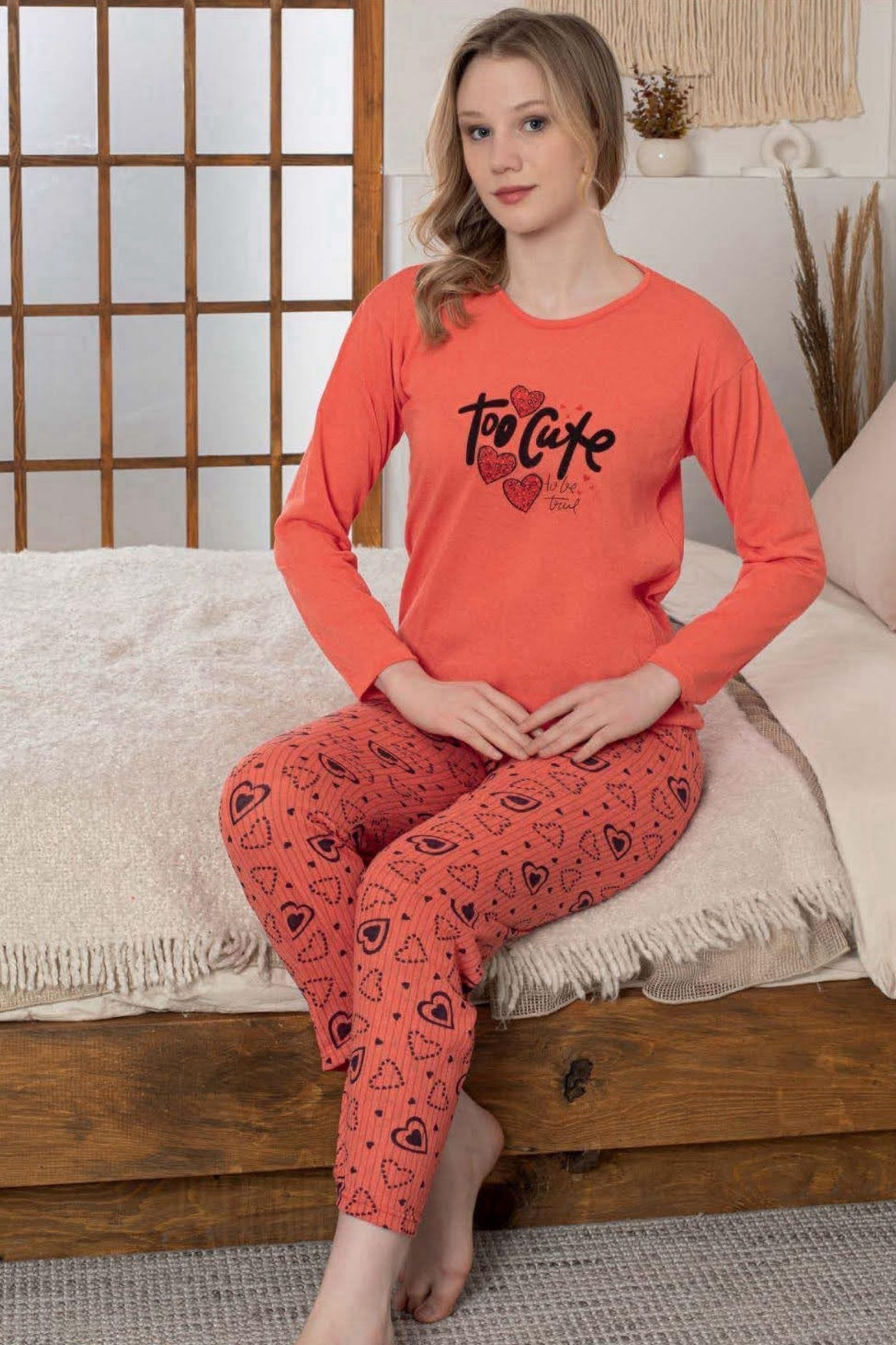 Ecodream Uzun Kollu Desenli Ekonomik Kadın Pijama Takımı - Turuncu