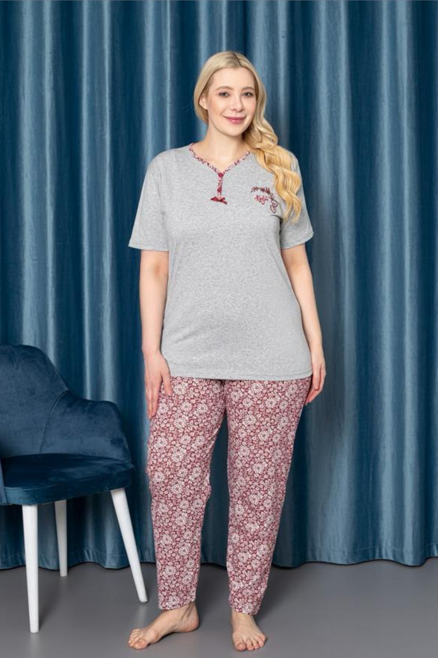 X-Dreamy Büyük Beden Pamuklu Düğmeli Yaka Kısa Kollu Pijama Takımı - Gri