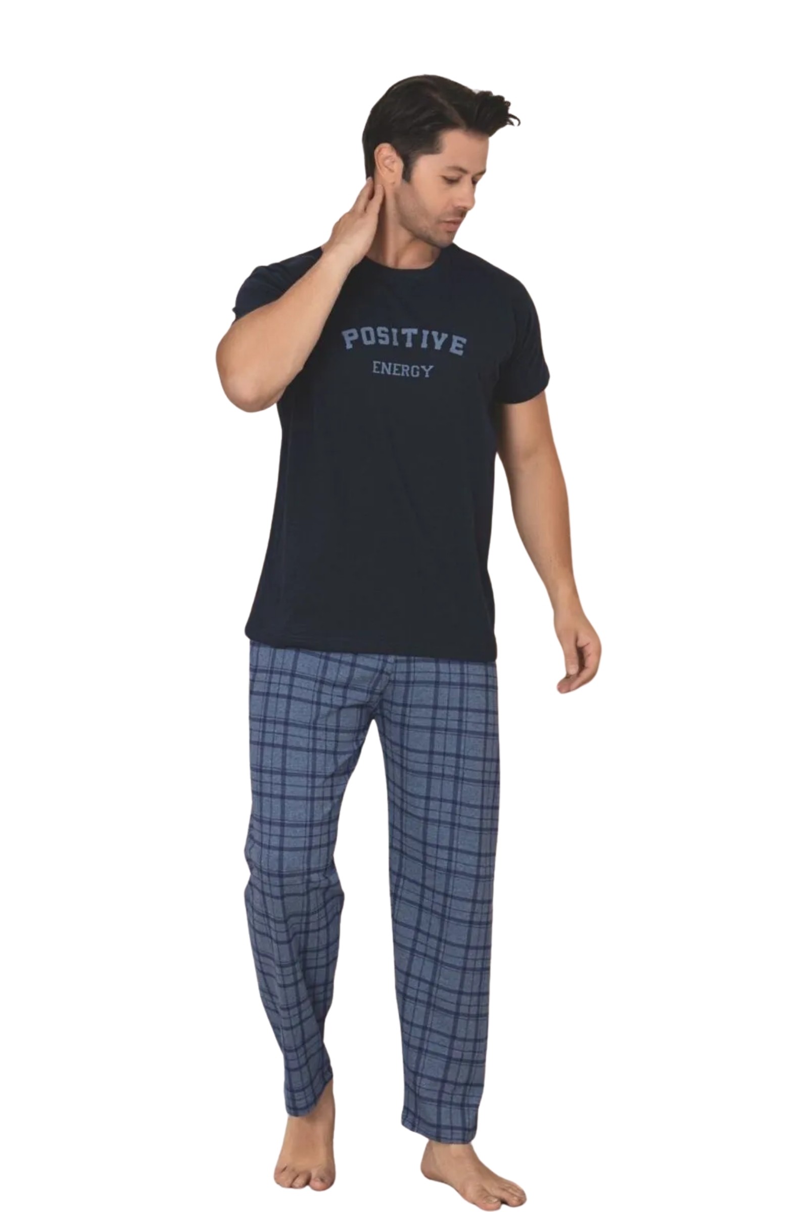 Dreamy Pamuklu Ekose Kareli Kısa Kollu Örme Erkek Pijama Takımı - Lacivert