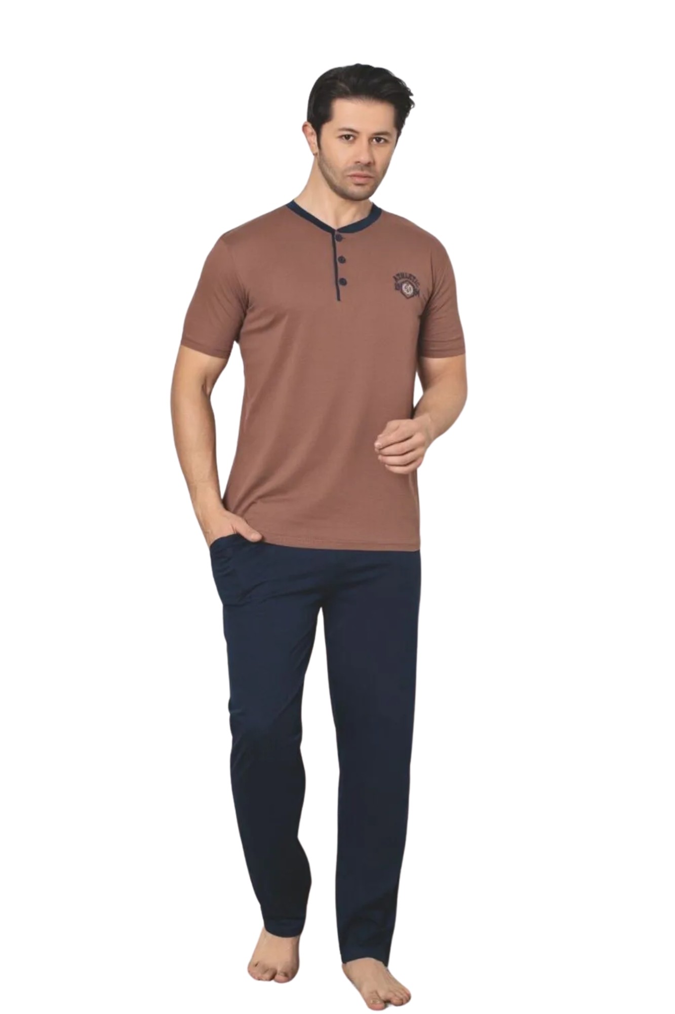 Dreamy Pamuklu Cepli Kısa Kollu Örme Erkek Pijama Takımı - Kahverengi